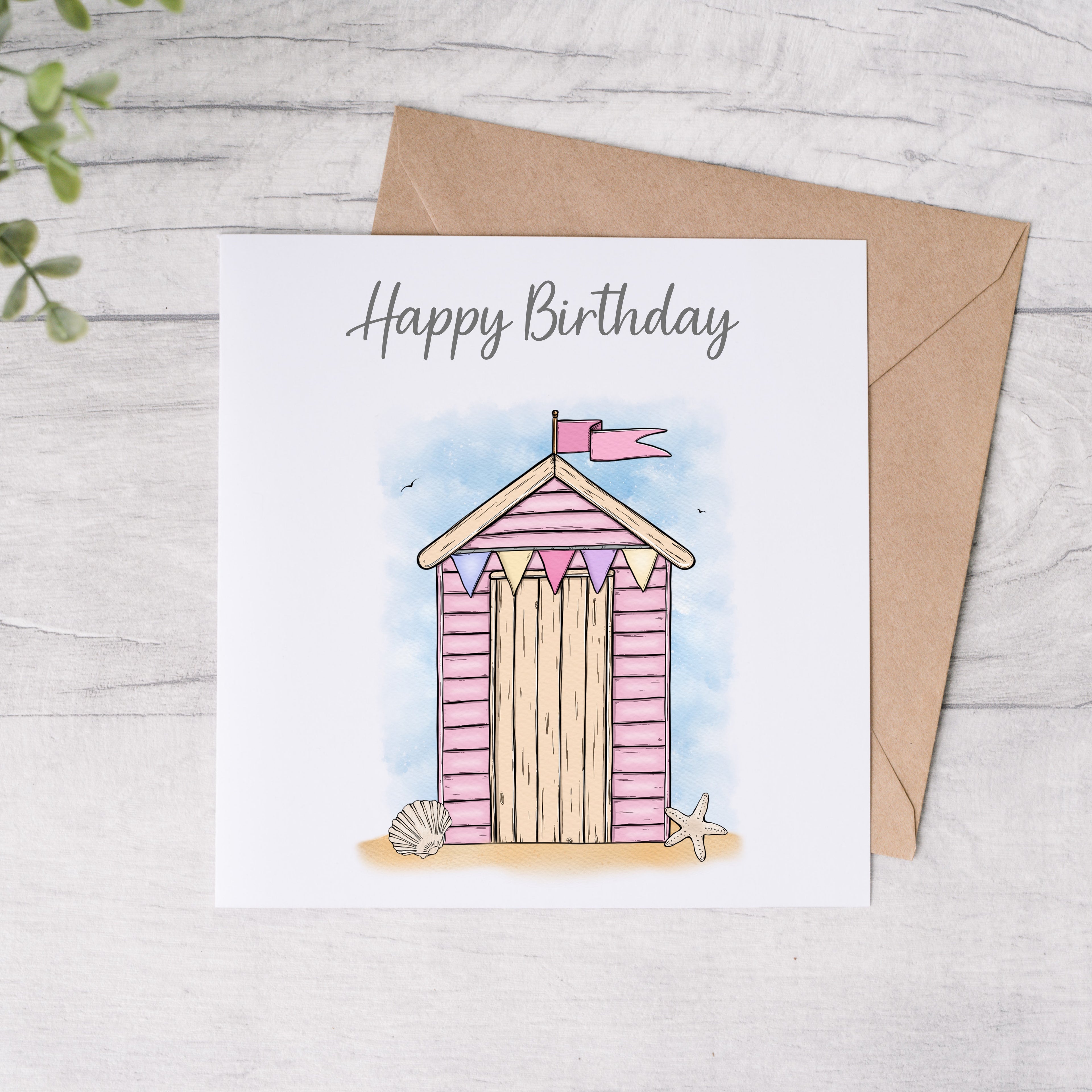 Beach Hut Happy Birthday Greeting Cards - 4 Colour Options - FREE Postage