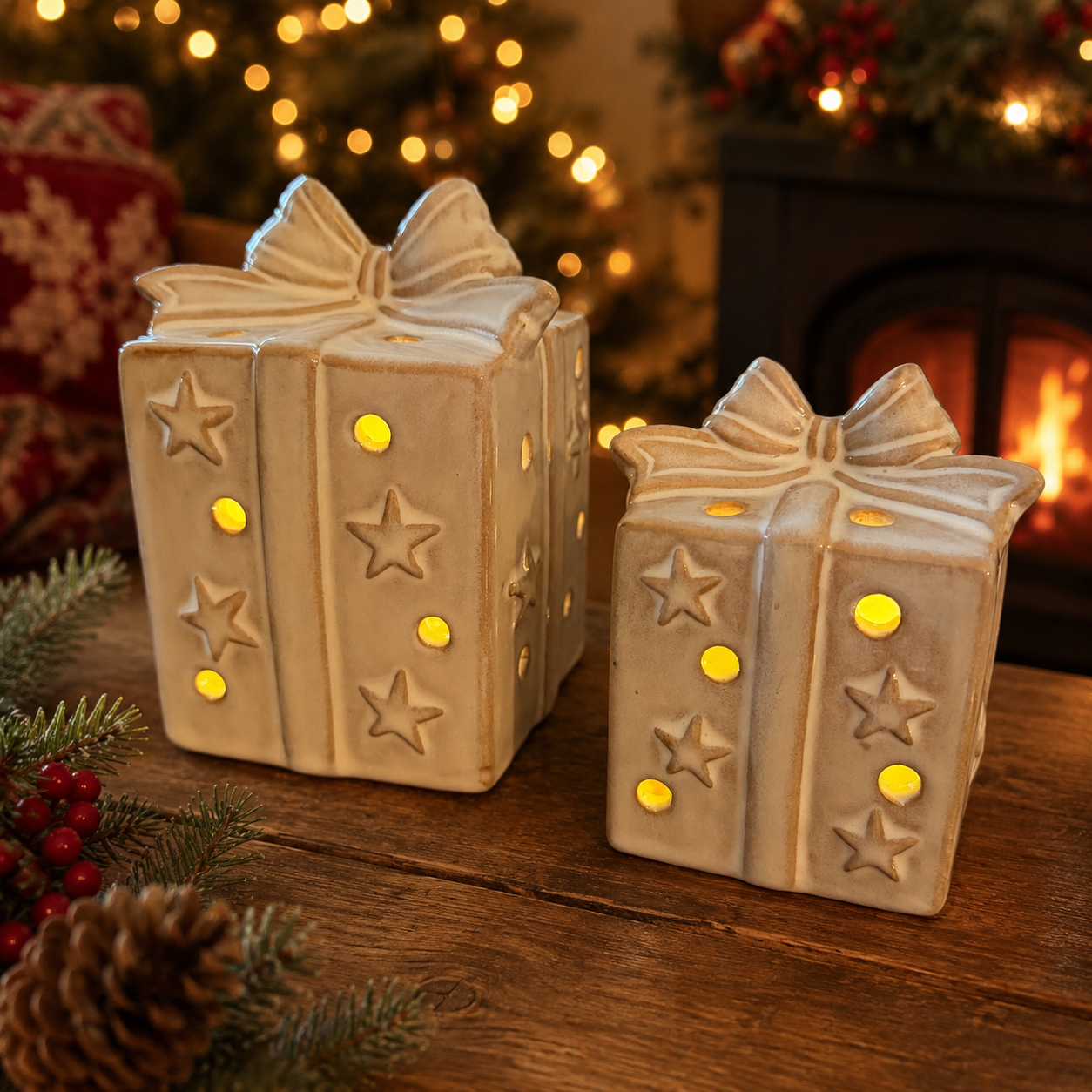 LED Porcelain Present Christmas Decoration | Illuminated Ceramic Gift Ornament | Available in 2 Sizes