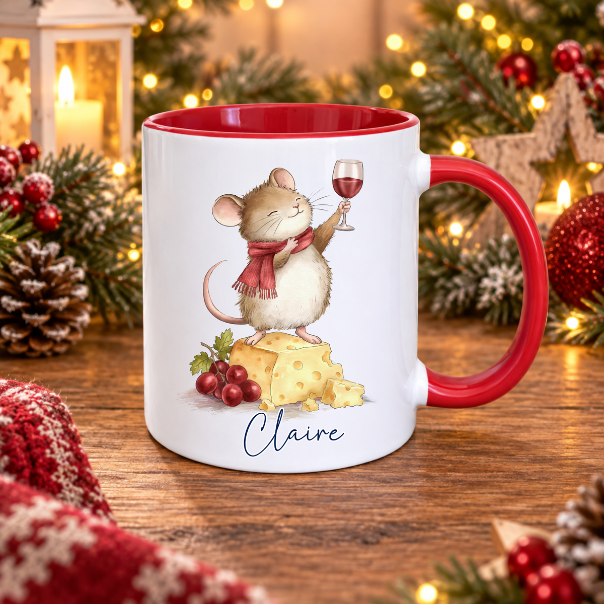 Personalised Christmas mouse and wine 11oz ceramic mug with custom name printed by South Shore Gifts