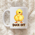 Funny Duck Off 11oz ceramic mug with cheeky yellow duck design, printed in-house by South Shore Gifts