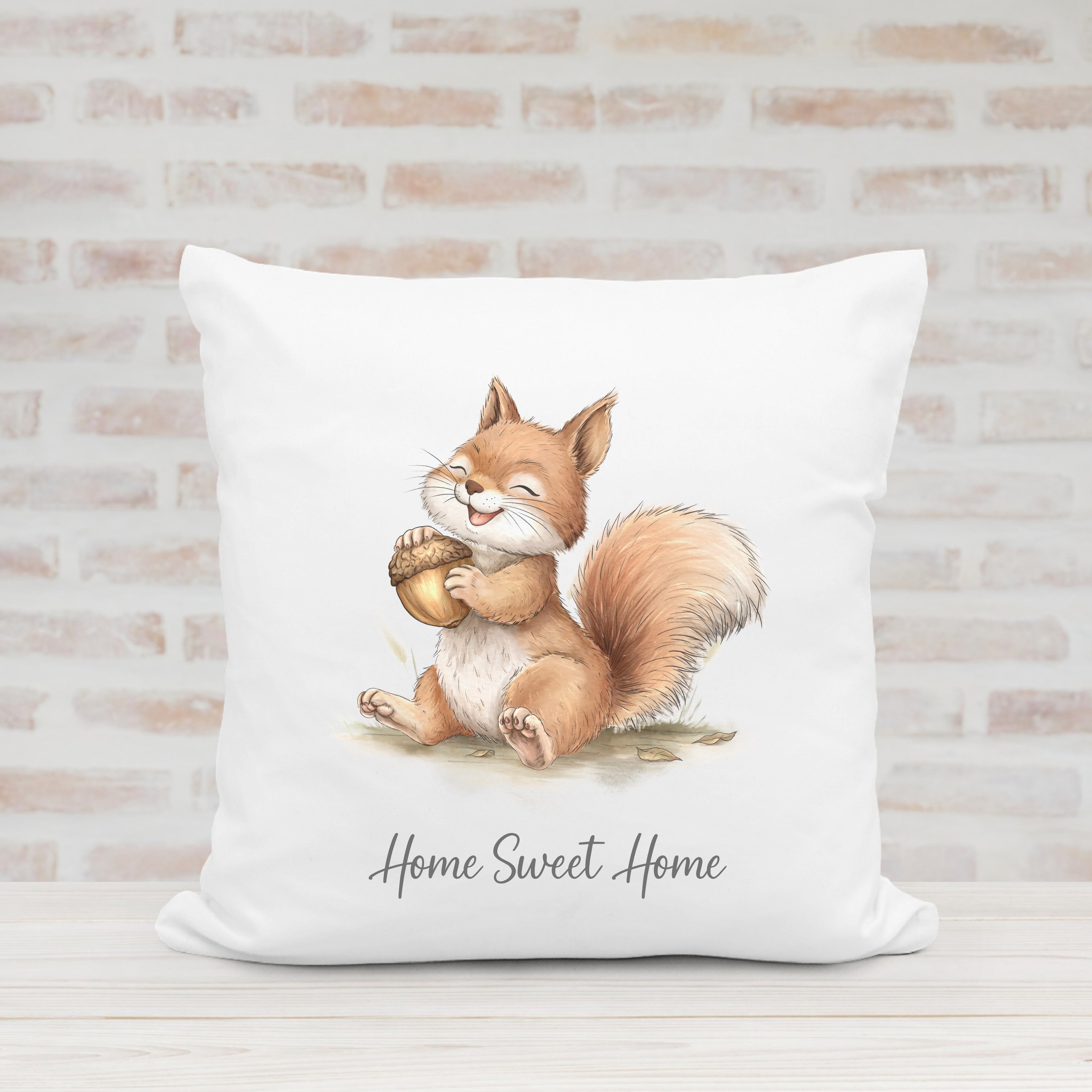 Home Sweet Home Squirrel Cushion 40x40cm – Soft Velvet Cushion Cover with Zip Closure, Champagne Reverse, Neutral Home Decor