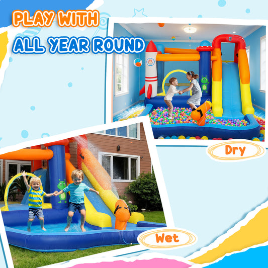5 in 1 Bouncy Castle for Children with 550W Blower, Water Slide, Splash Pool, Jumping Area.
