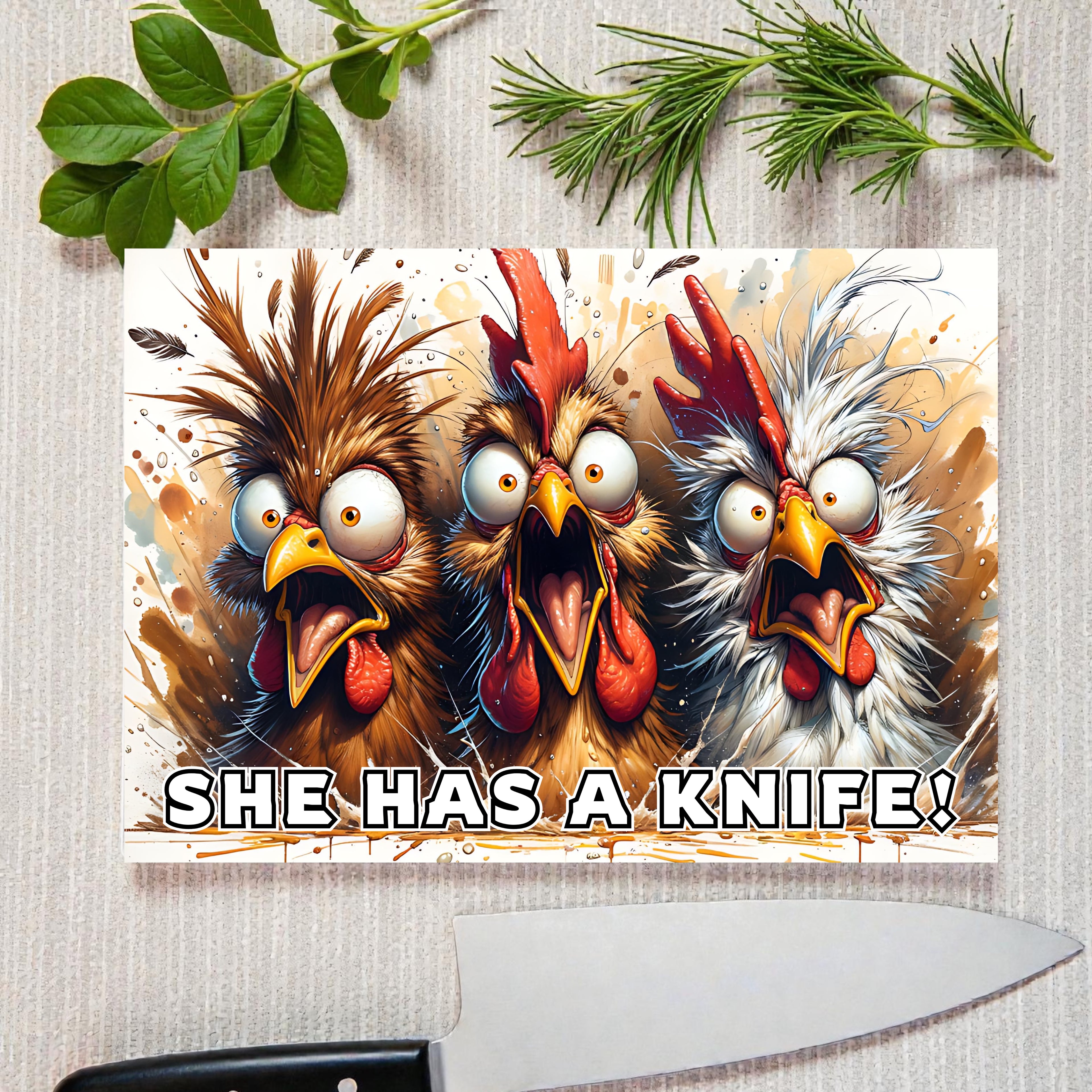 She's Got a Knife! Glass Chopping Board / Worktop Saver