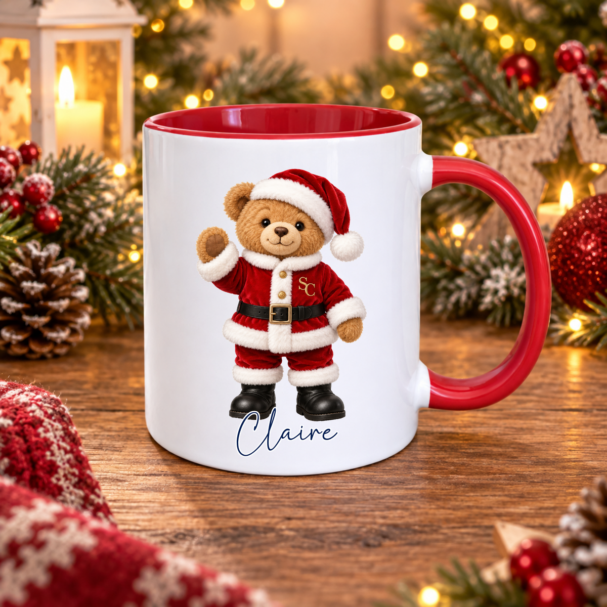 Personalised Christmas Santa teddy bear 11oz ceramic mug with custom name and red handle