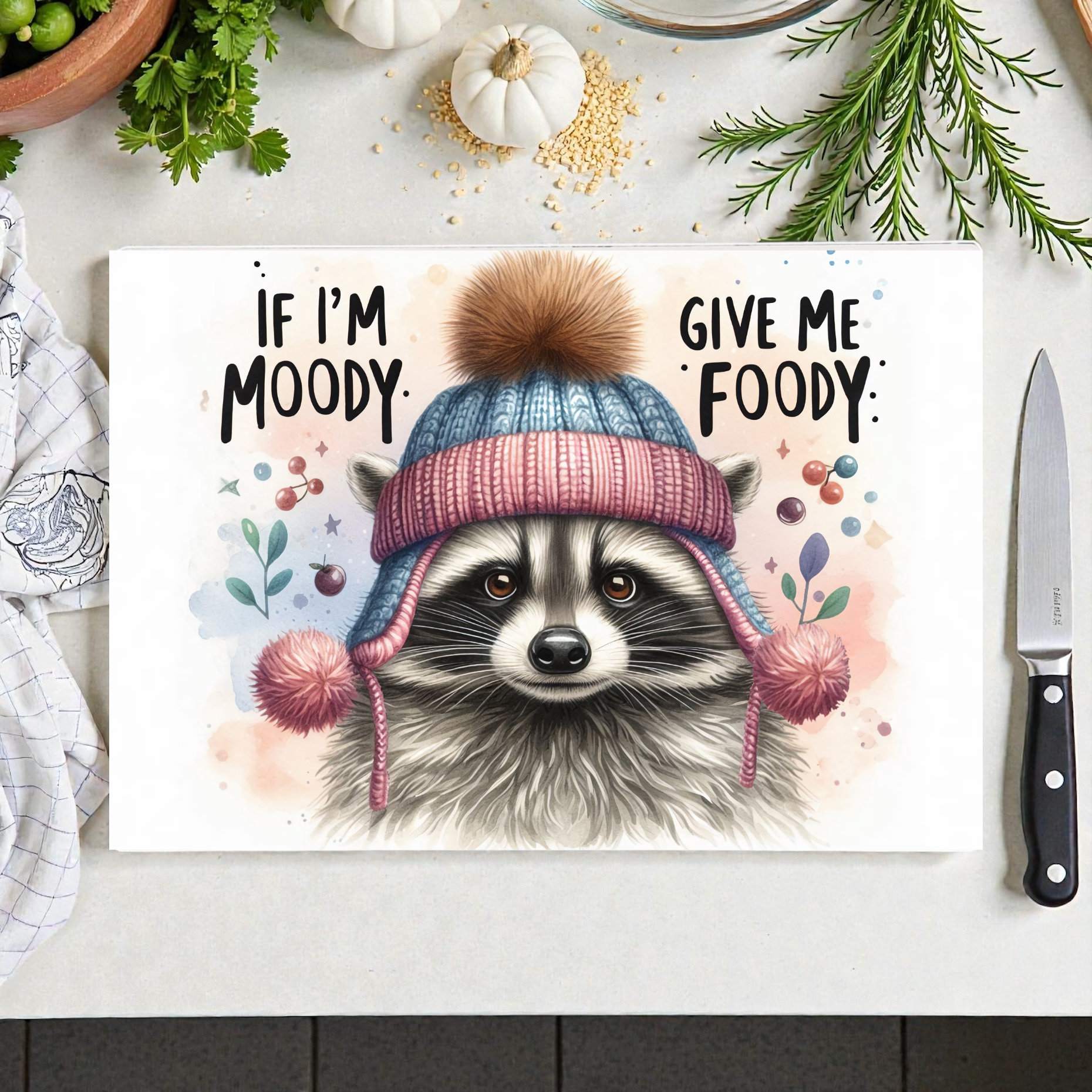 Funny Glass Chopping Board / Worktop Saver – “If I’m Moody, Give Me Foody” Raccoon Design – 20cm x 28cm