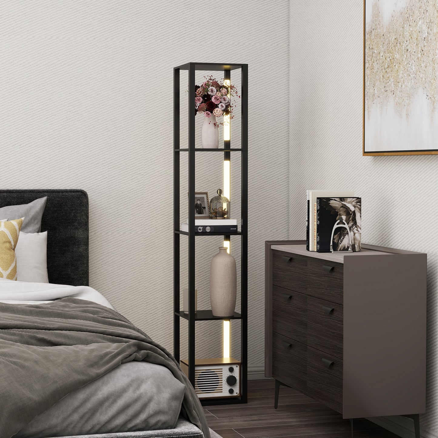 Floor Lamp with Shelves, 4 Layer Dimmable Column Modern Standing Lamp with 3 Brightness Levels