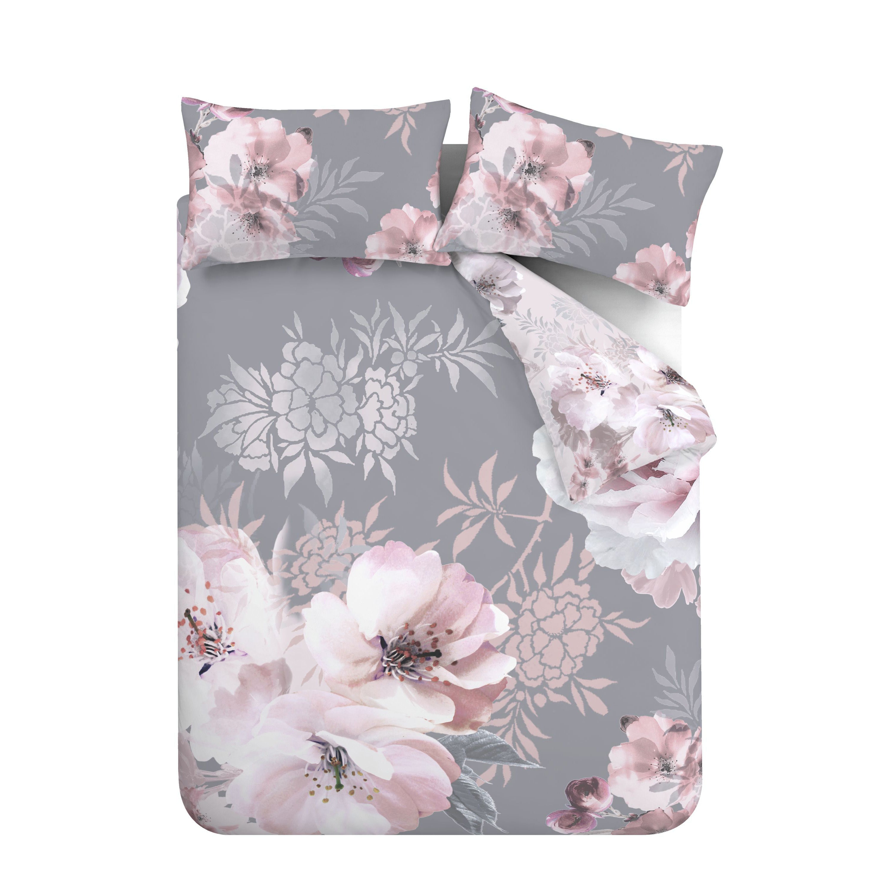 Dramatic Floral Peony Print Pink & Grey Duvet Cover Set by Catherine Lansfield