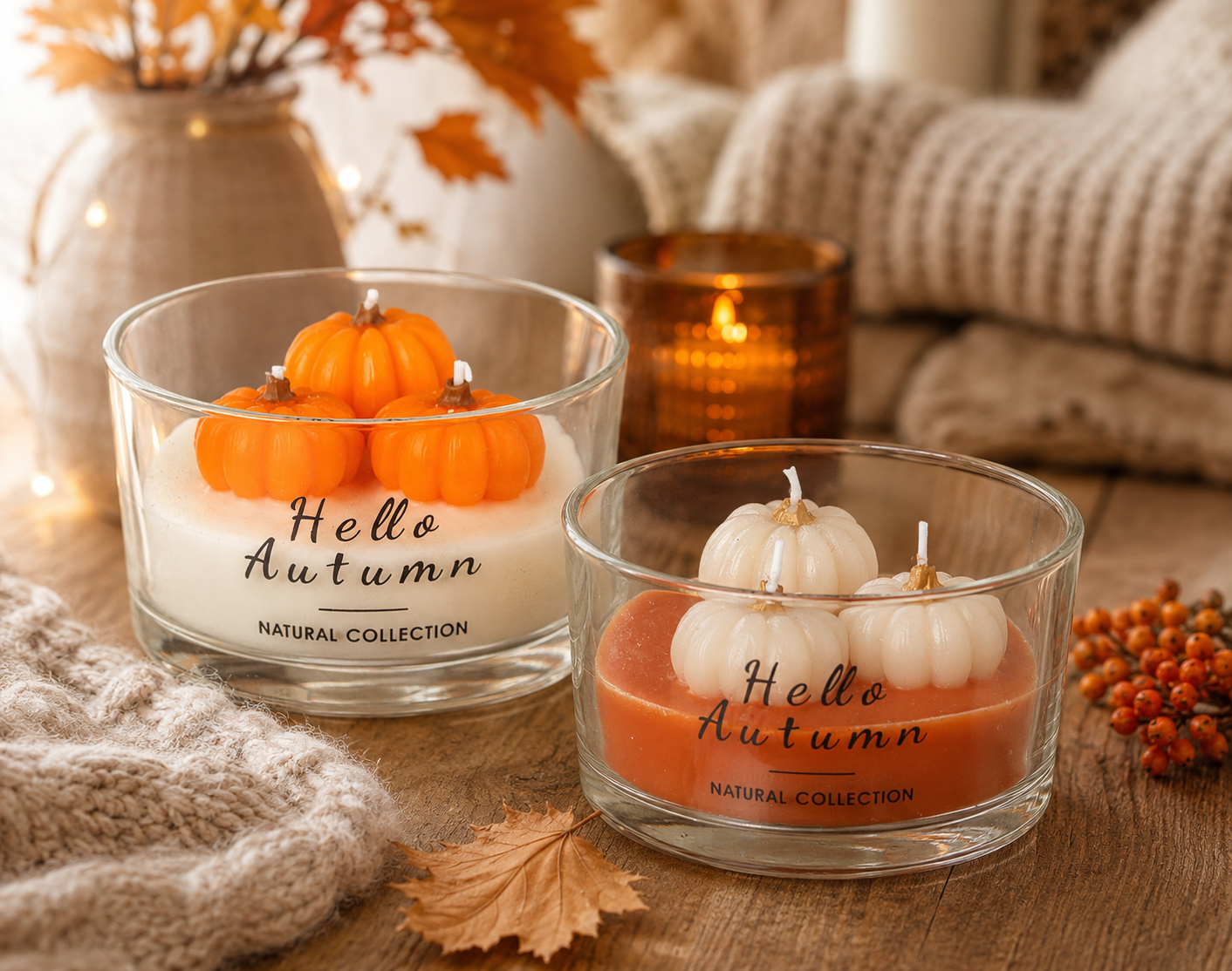 Set of 2 Hello Autumn Pumpkin Candles – Seasonal Glass Dish Candles