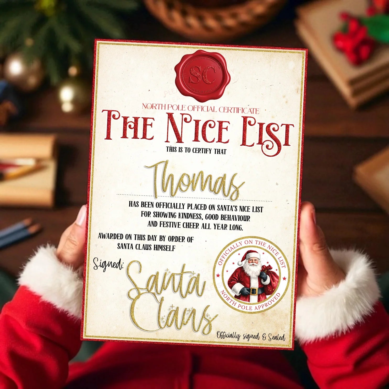 Personalised On The Nice List Certificate & Matching Envelope - Red/Gold Edition