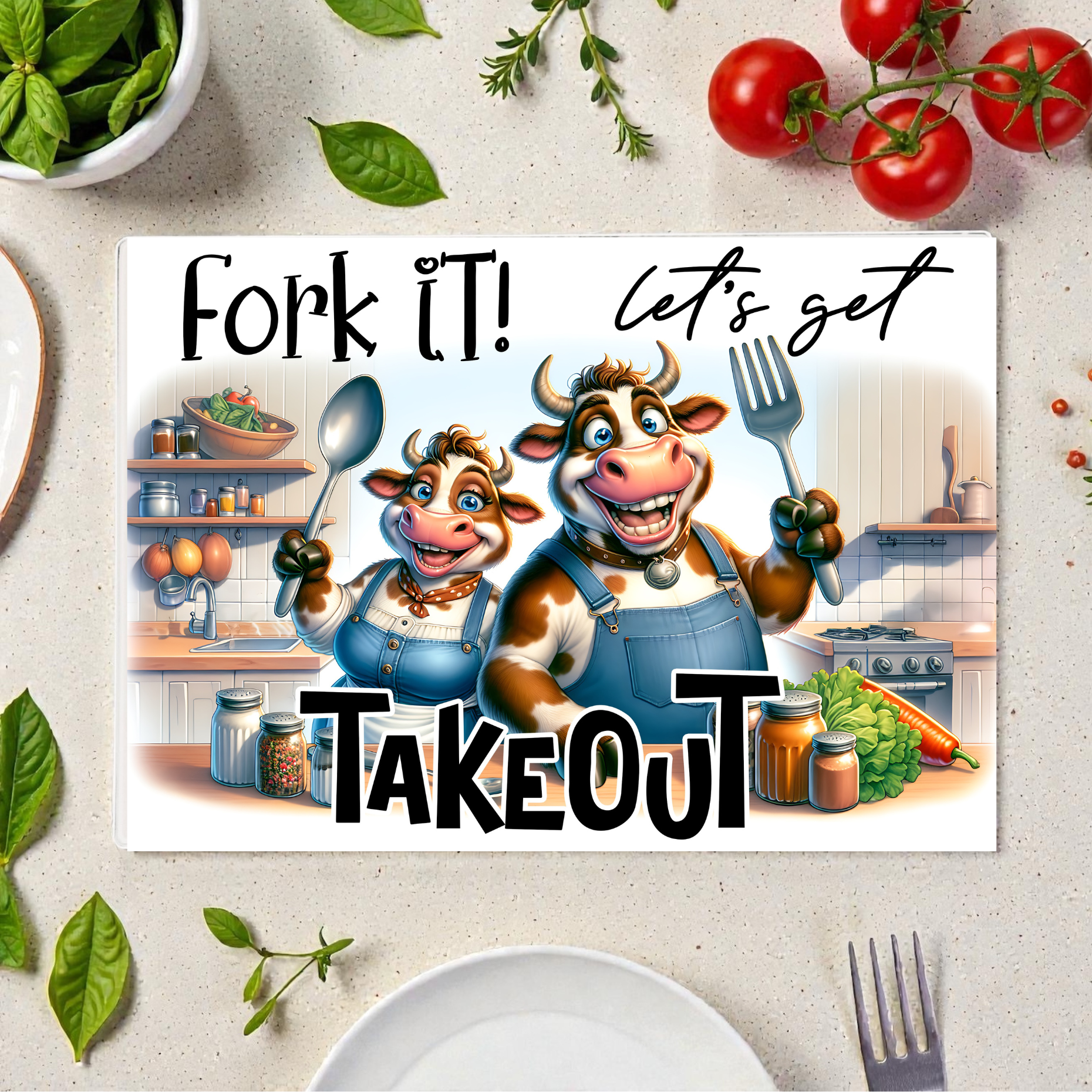 Funny Glass Chopping Board / Worktop Saver – “Fork It! Let’s Get Takeout” Cow Design – 20cm x 28cm