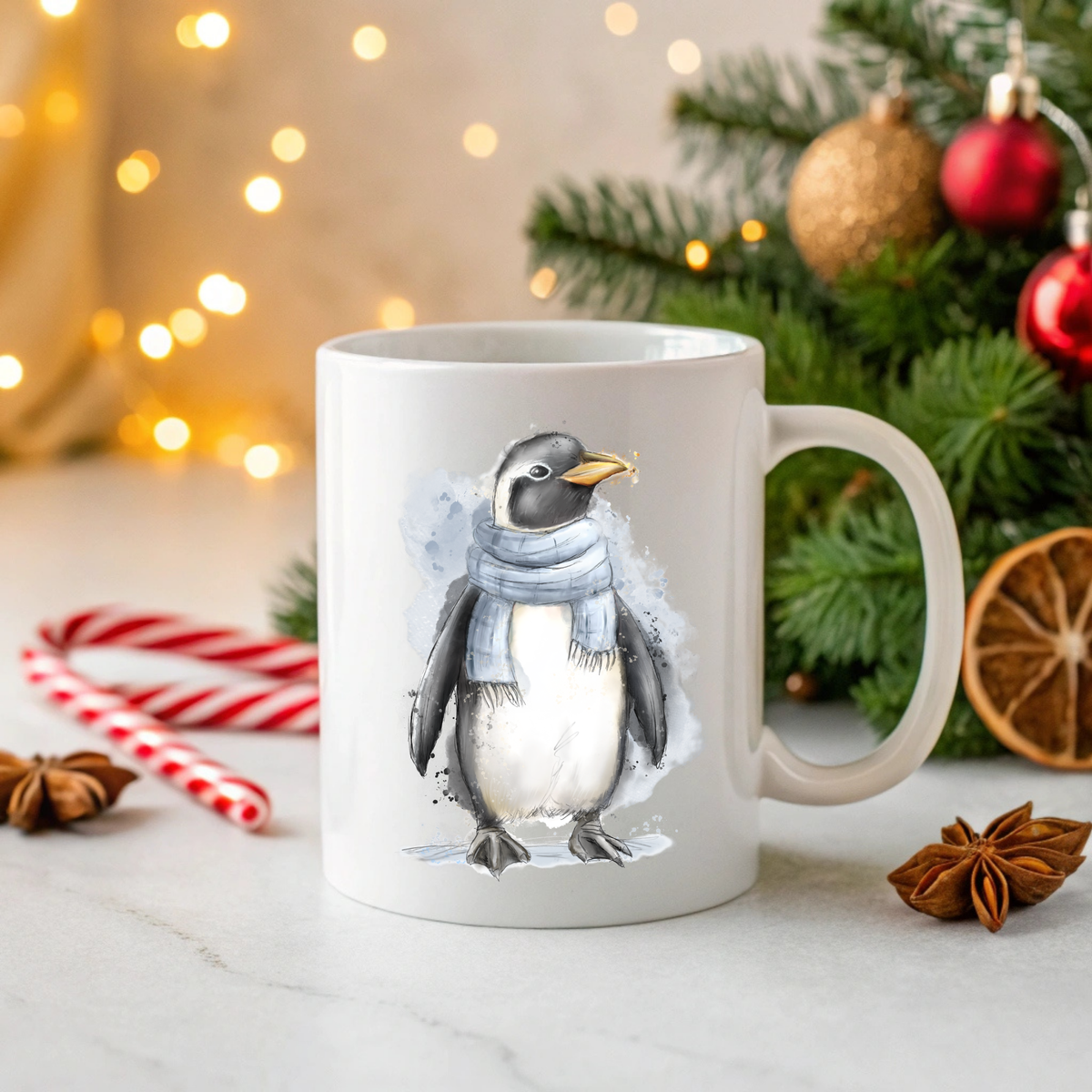 Cute Christmas penguin 11oz ceramic mug with blue scarf printed in house by South Shore Gifts