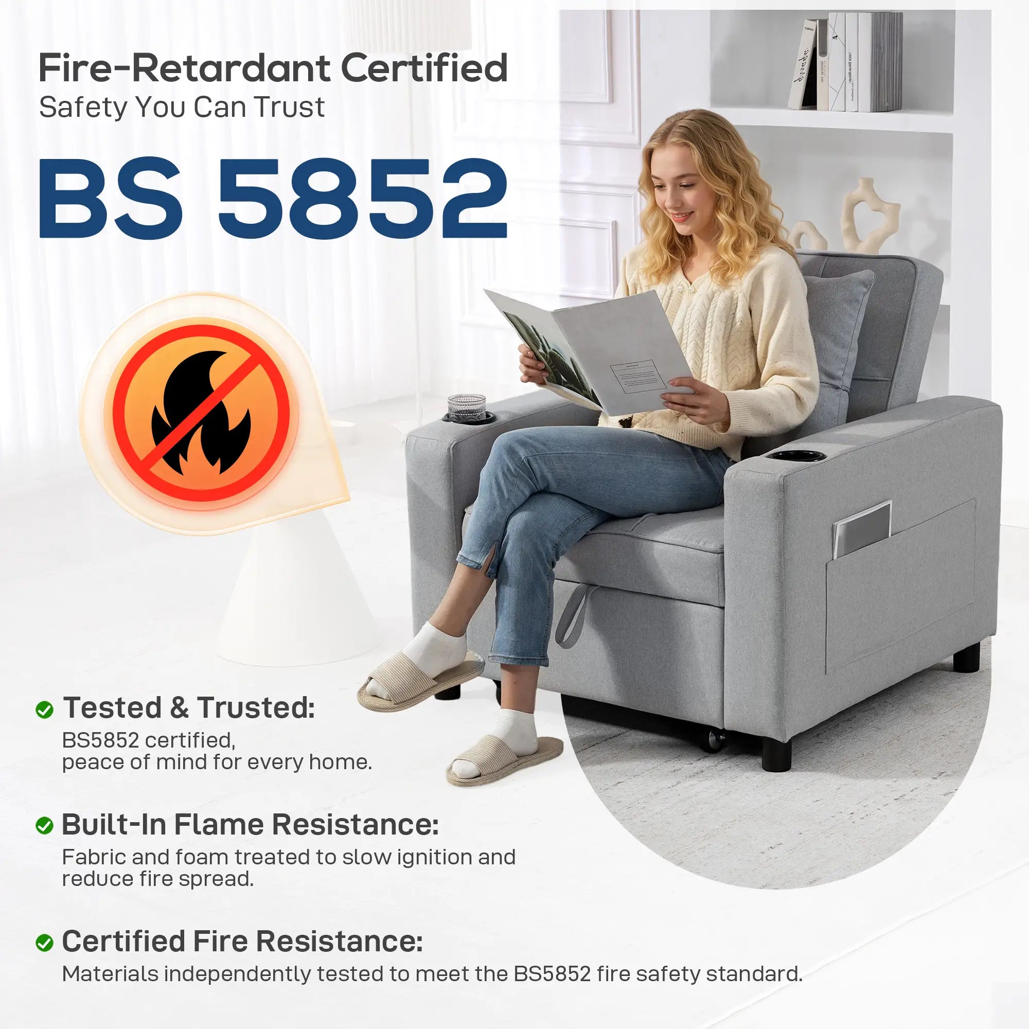 3-in-1 Single Sofa Bed, Convertible Sleeper Chair Bed - Light Grey