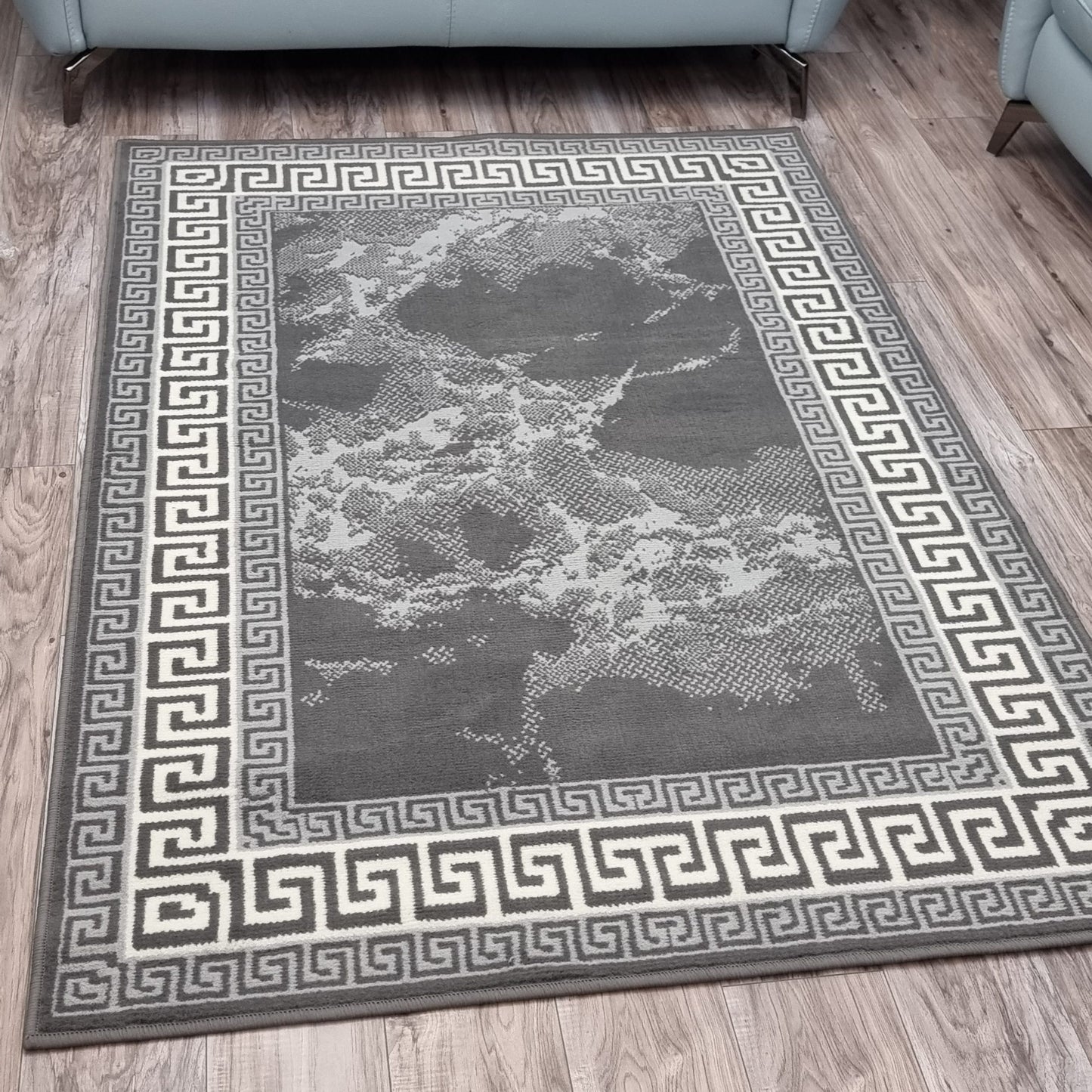 Grey Border Marble Effect Rug Large Soft Oriental Carpet