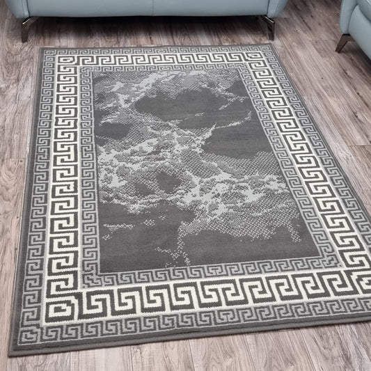 Grey Border Marble Effect Rug Large Soft Oriental Carpet
