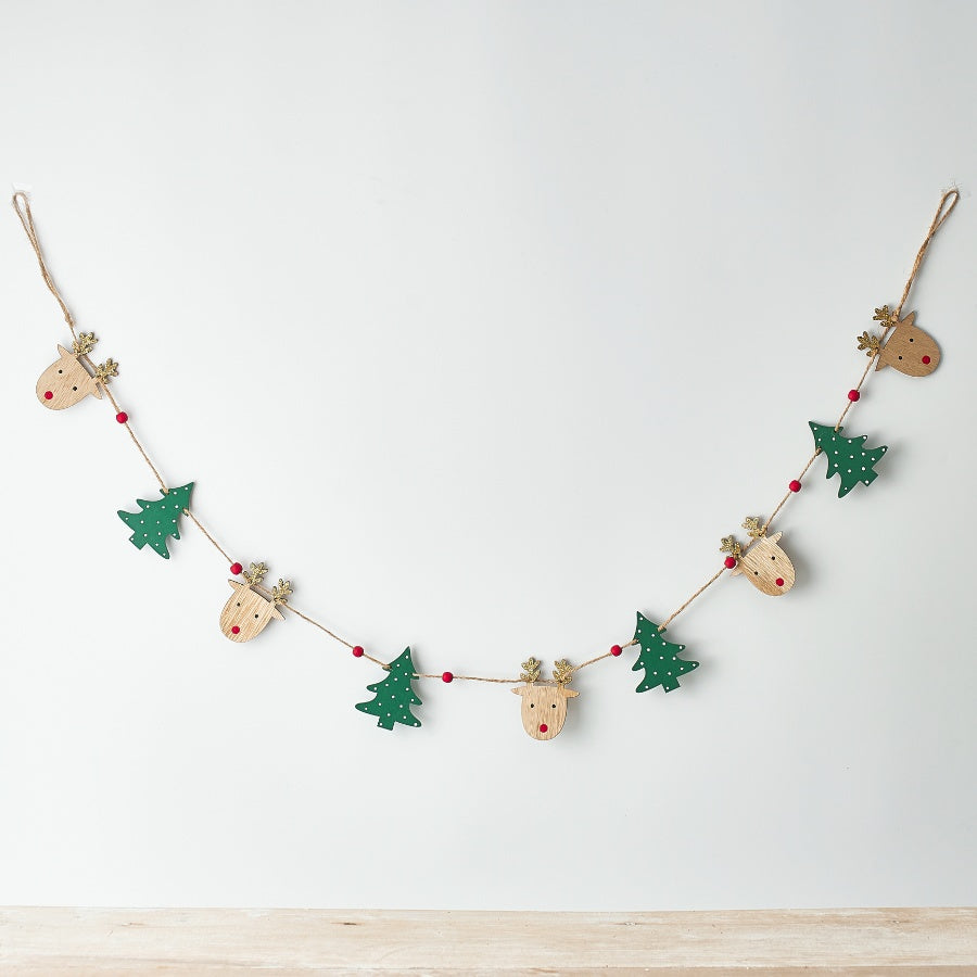 Wooden Reindeer &amp; Christmas Tree Garland – 125cm