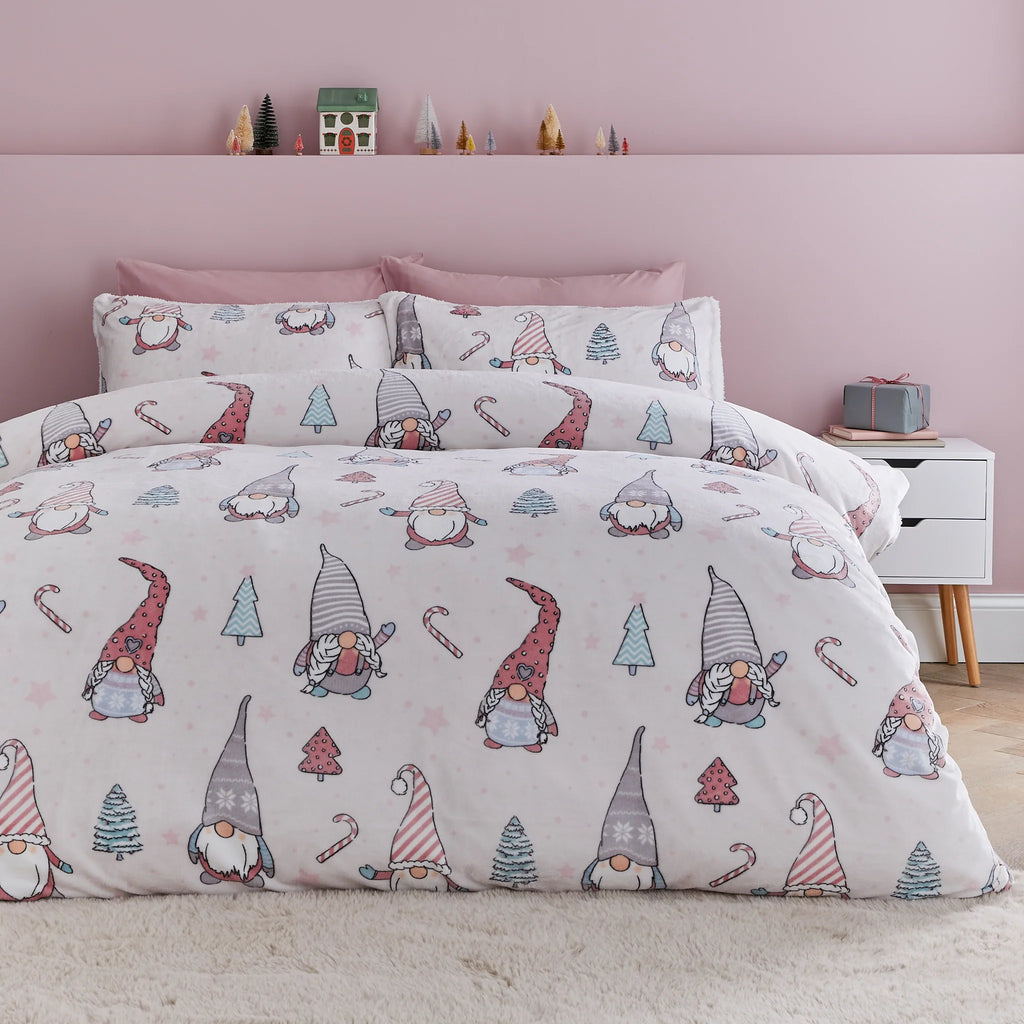 Christmas Festive Gnomes Cosy Fleece Duvet Cover Set in Pink by Catherine Lansfield