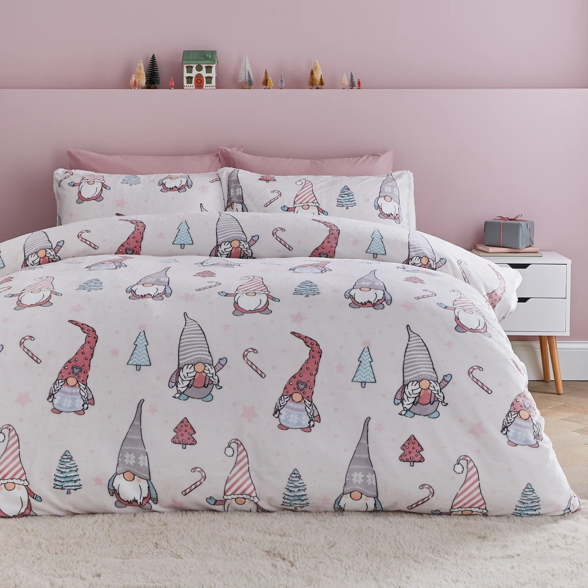 Christmas Festive Gnomes Cosy Fleece Duvet Cover Set in Pink by Catherine Lansfield