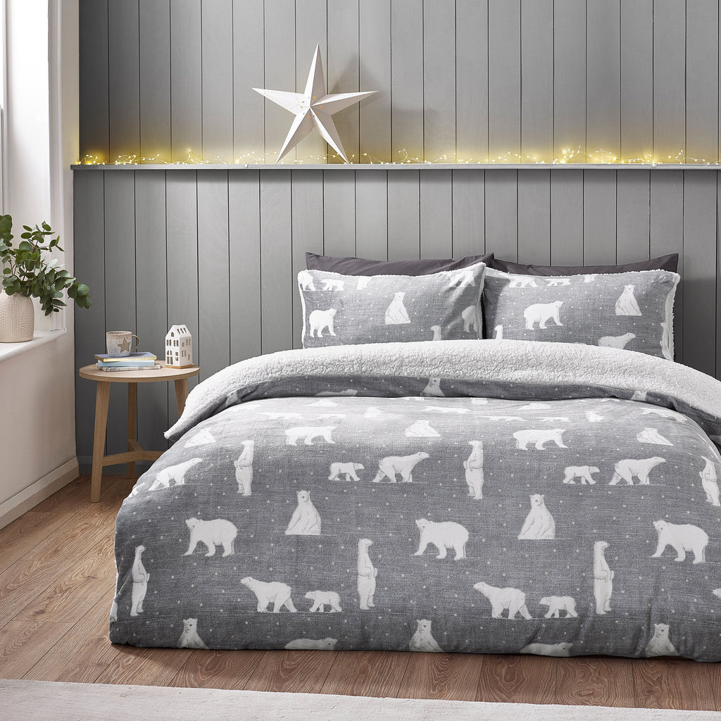 Cosy Polar Bear Soft Sherpa Duvet Cover Set Grey by Catherine Lansfield
