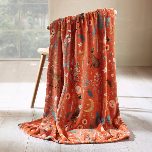 Burnt Orange Enchanted Twilight Animals Cosy Blanket Throw