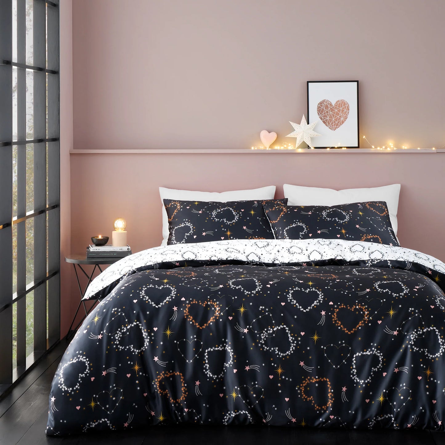 Cosmic Hearts and Stars Reversible Duvet Cover Set in Black