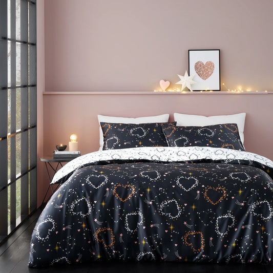 Cosmic Hearts and Stars Reversible Duvet Cover Set in Black