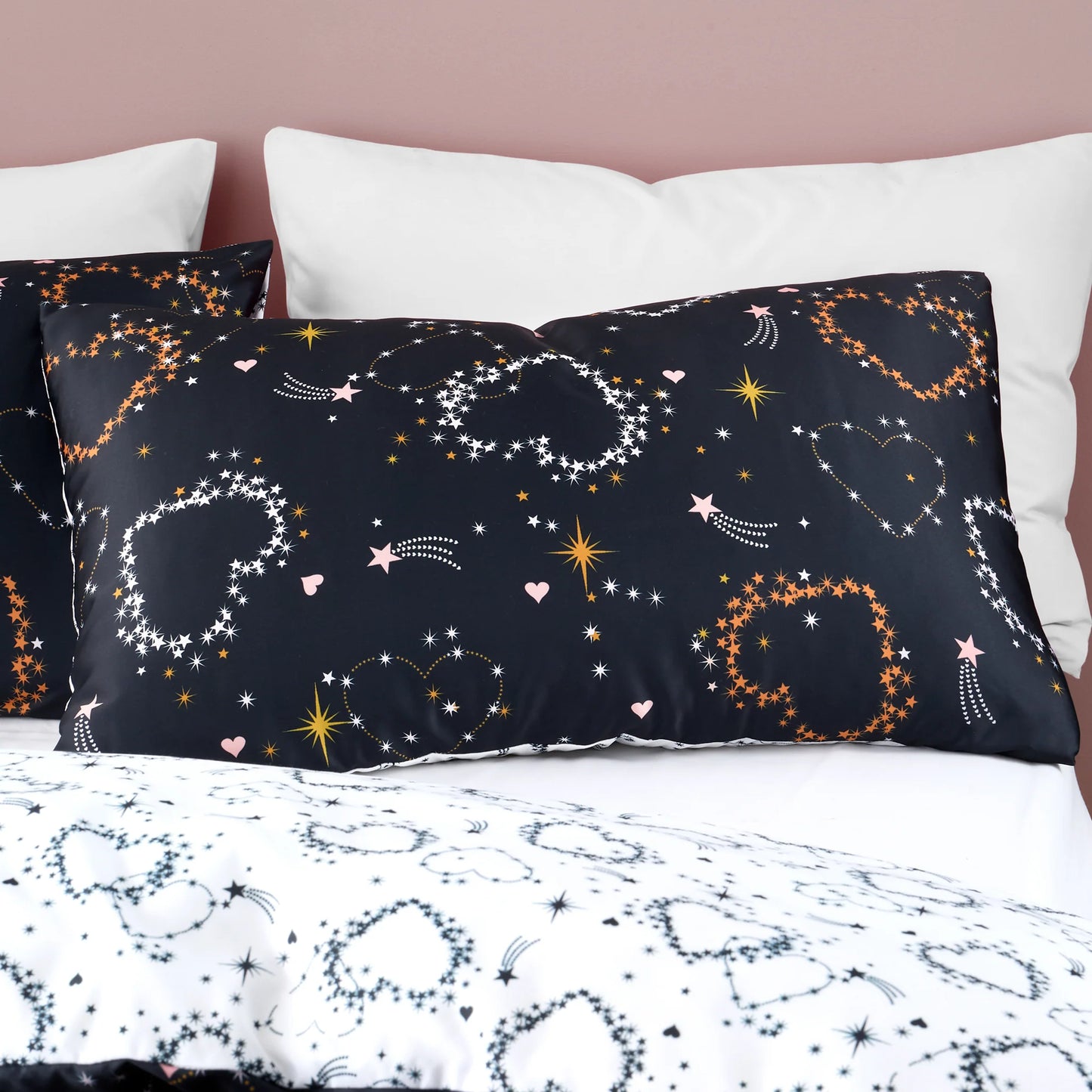 Cosmic Hearts and Stars Reversible Duvet Cover Set in Black