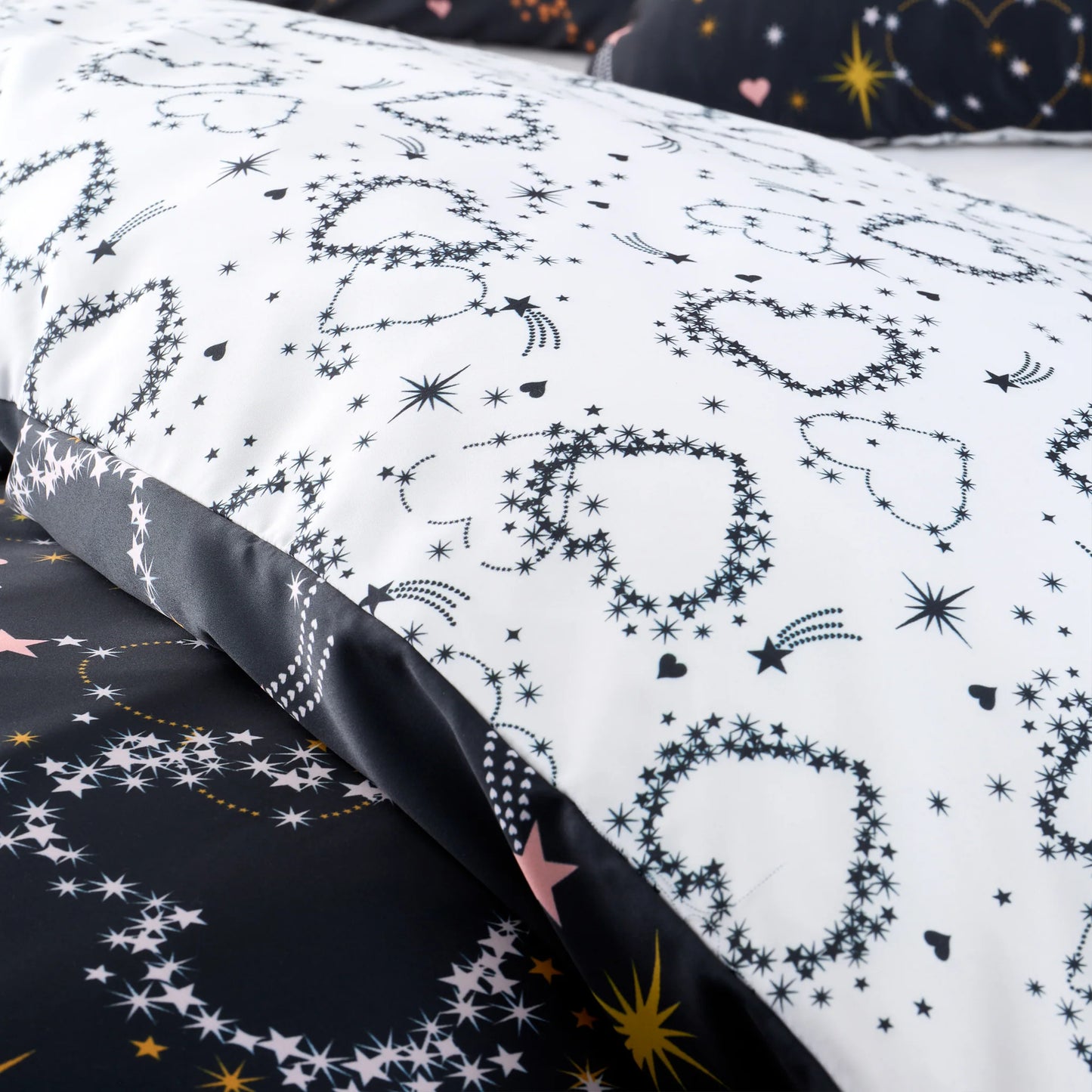 Cosmic Hearts and Stars Reversible Duvet Cover Set in Black