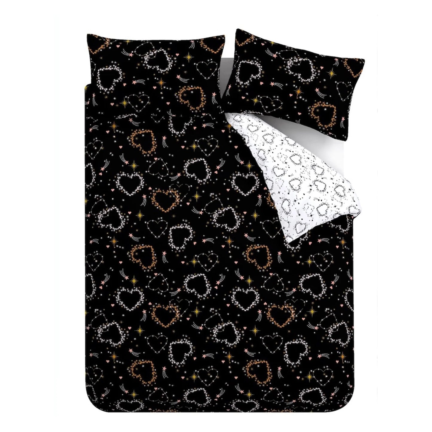 Cosmic Hearts and Stars Reversible Duvet Cover Set in Black