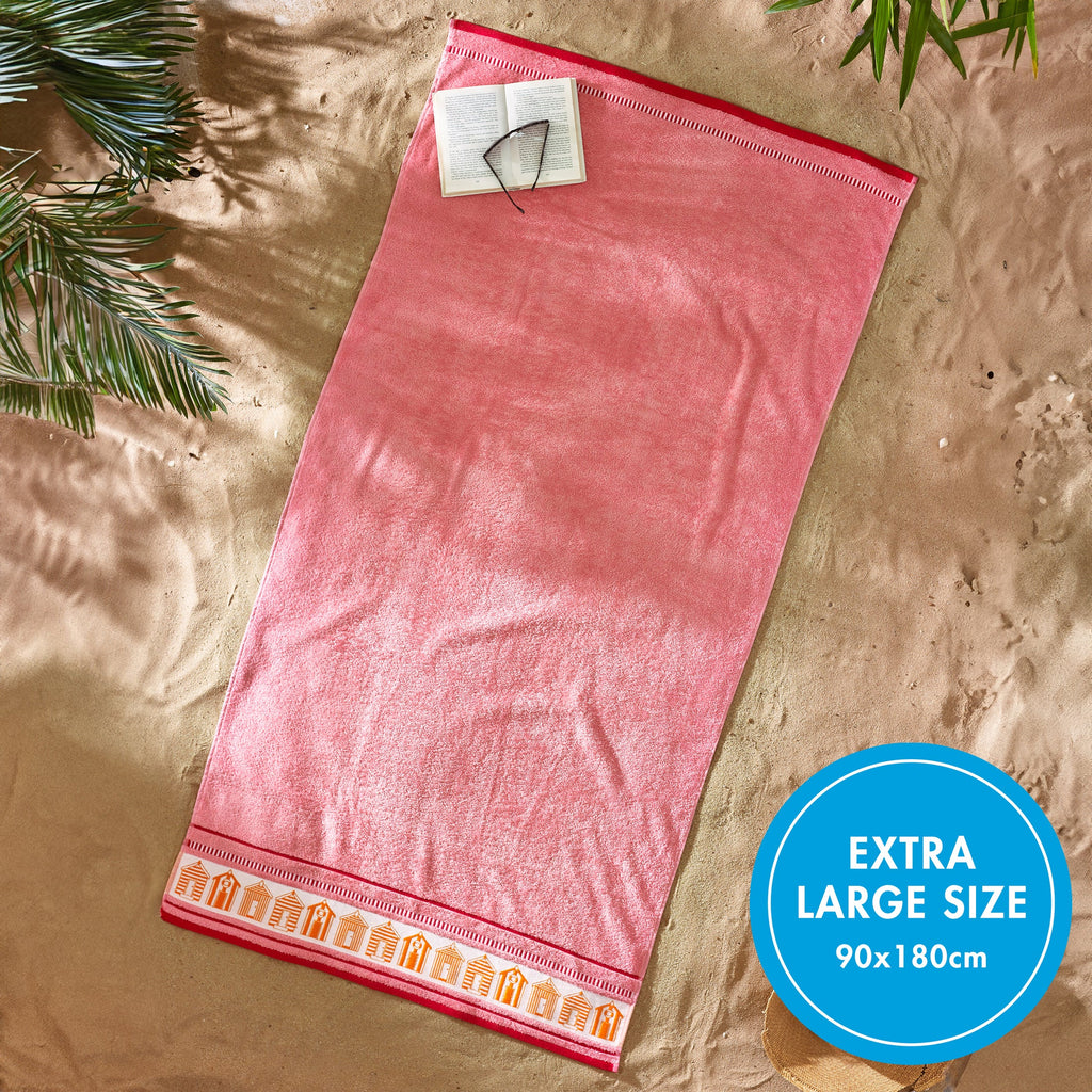 Beach Huts Cotton XL Beach Towel in Coral by Catherine Lansfield