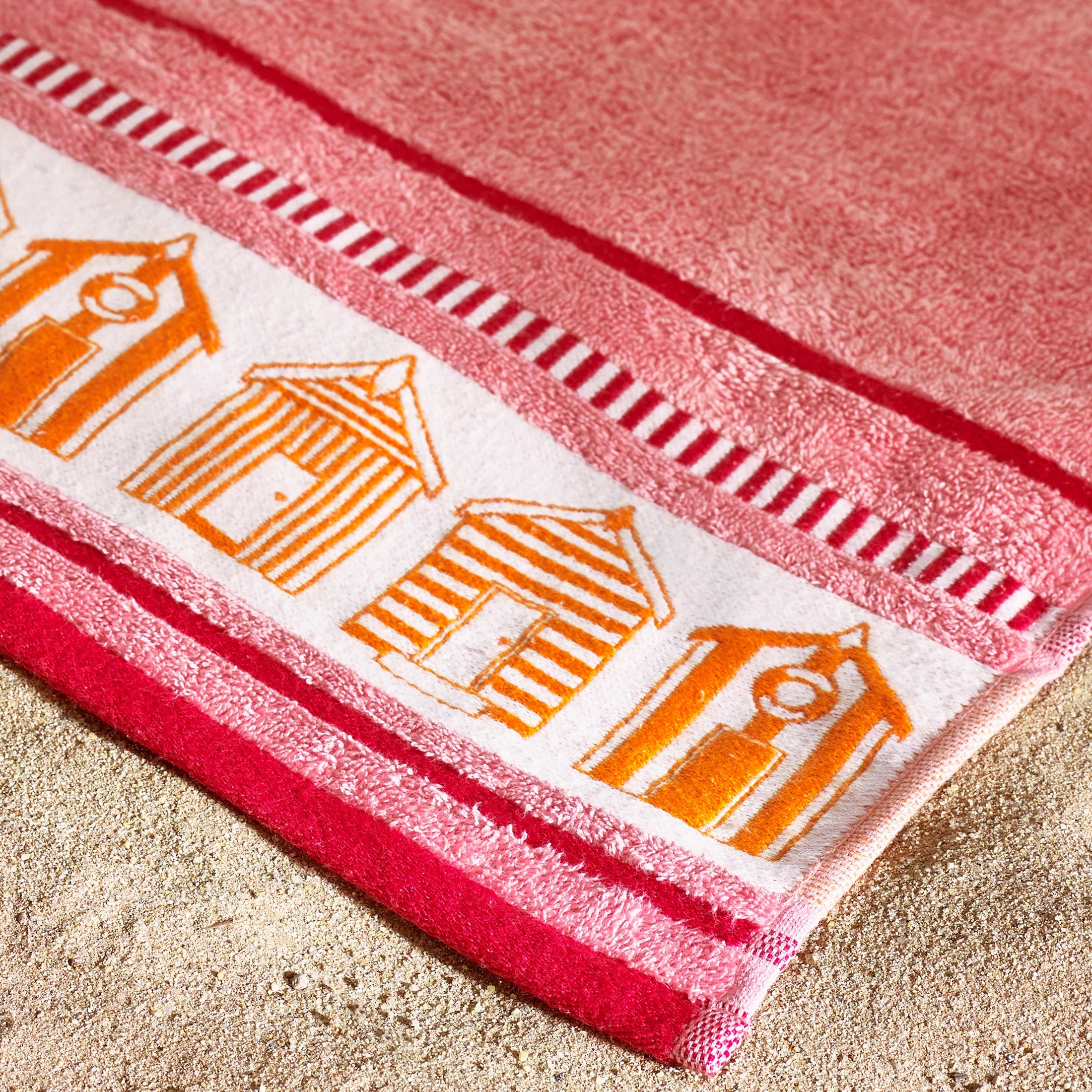 Beach Huts Cotton XL Beach Towel in Coral by Catherine Lansfield