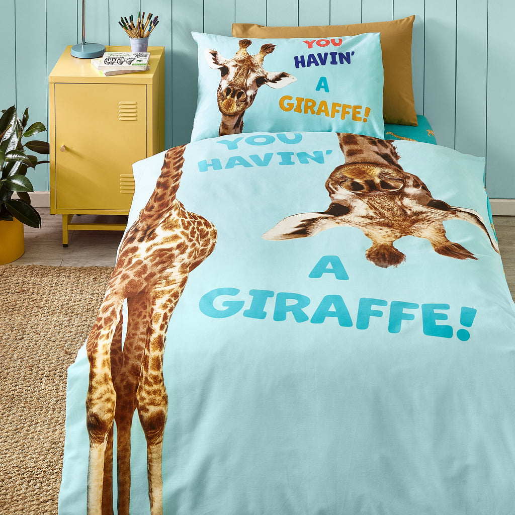 Havin A Giraffe Reversible Duvet Cover Set in Aqua Blue by Catherine Lansfield Kids