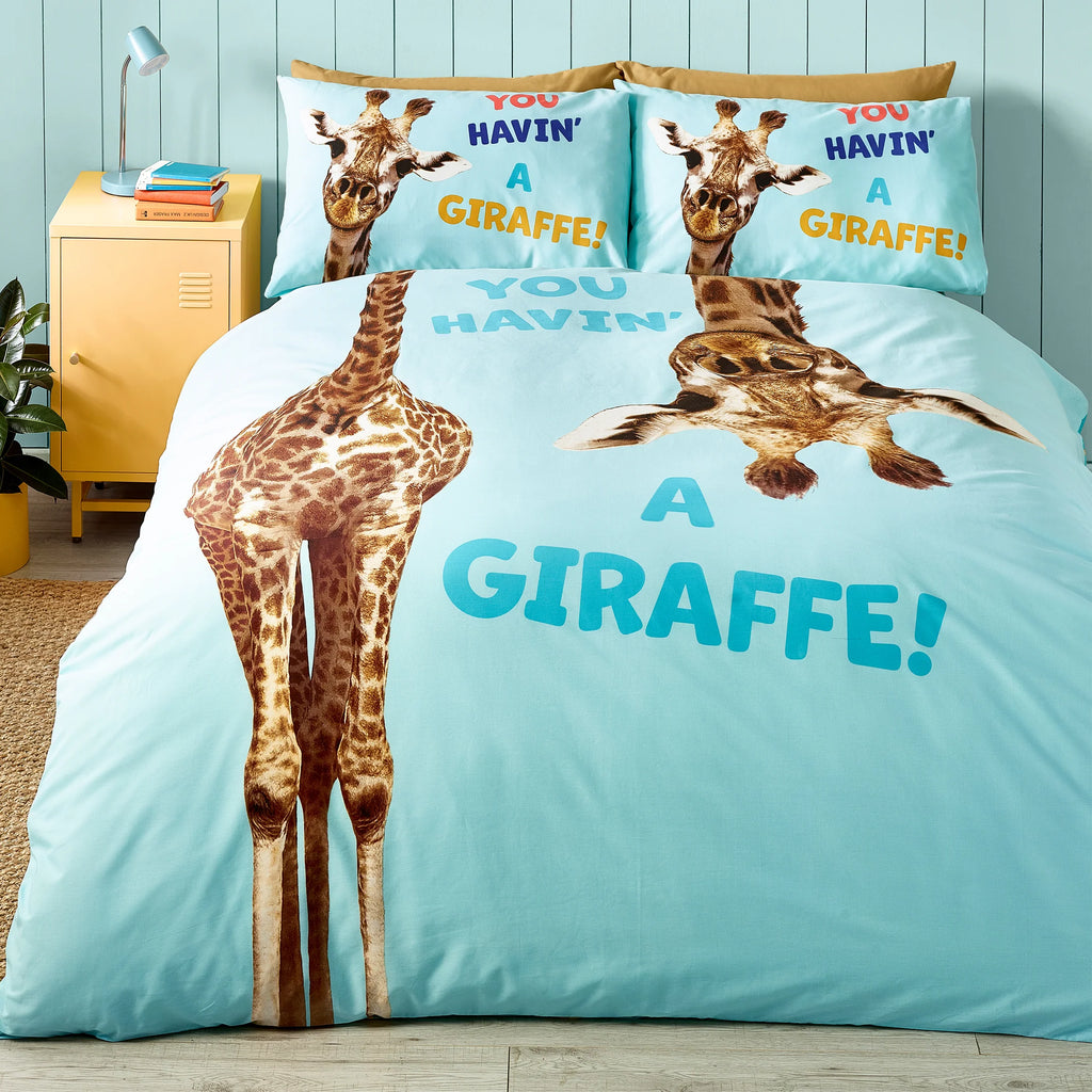 Havin A Giraffe Reversible Duvet Cover Set in Aqua Blue by Catherine Lansfield Kids