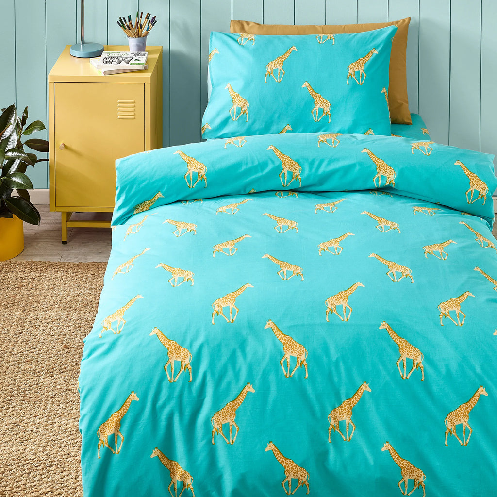 Havin A Giraffe Reversible Duvet Cover Set in Aqua Blue by Catherine Lansfield Kids