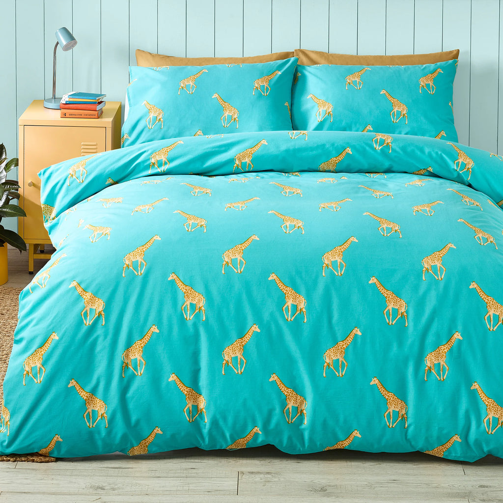 Havin A Giraffe Reversible Duvet Cover Set in Aqua Blue by Catherine Lansfield Kids