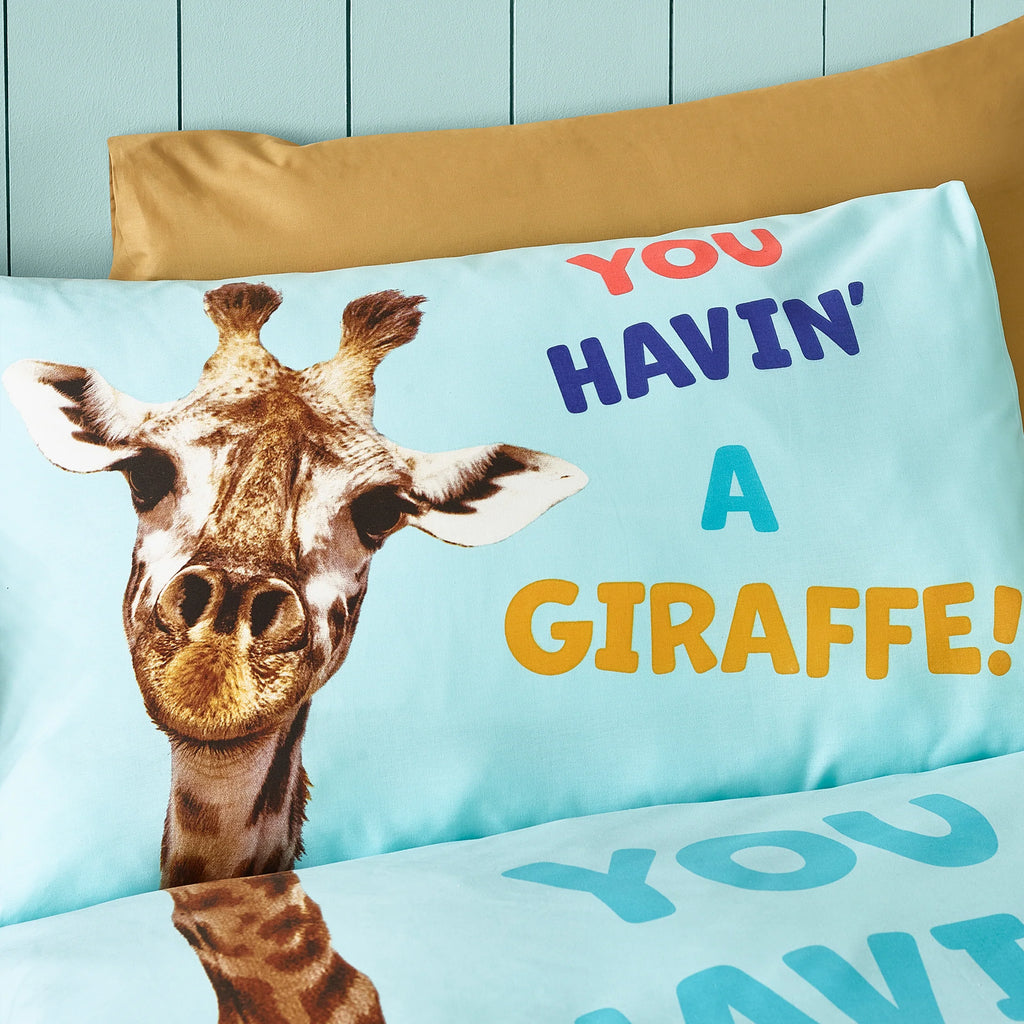 Havin A Giraffe Reversible Duvet Cover Set in Aqua Blue by Catherine Lansfield Kids