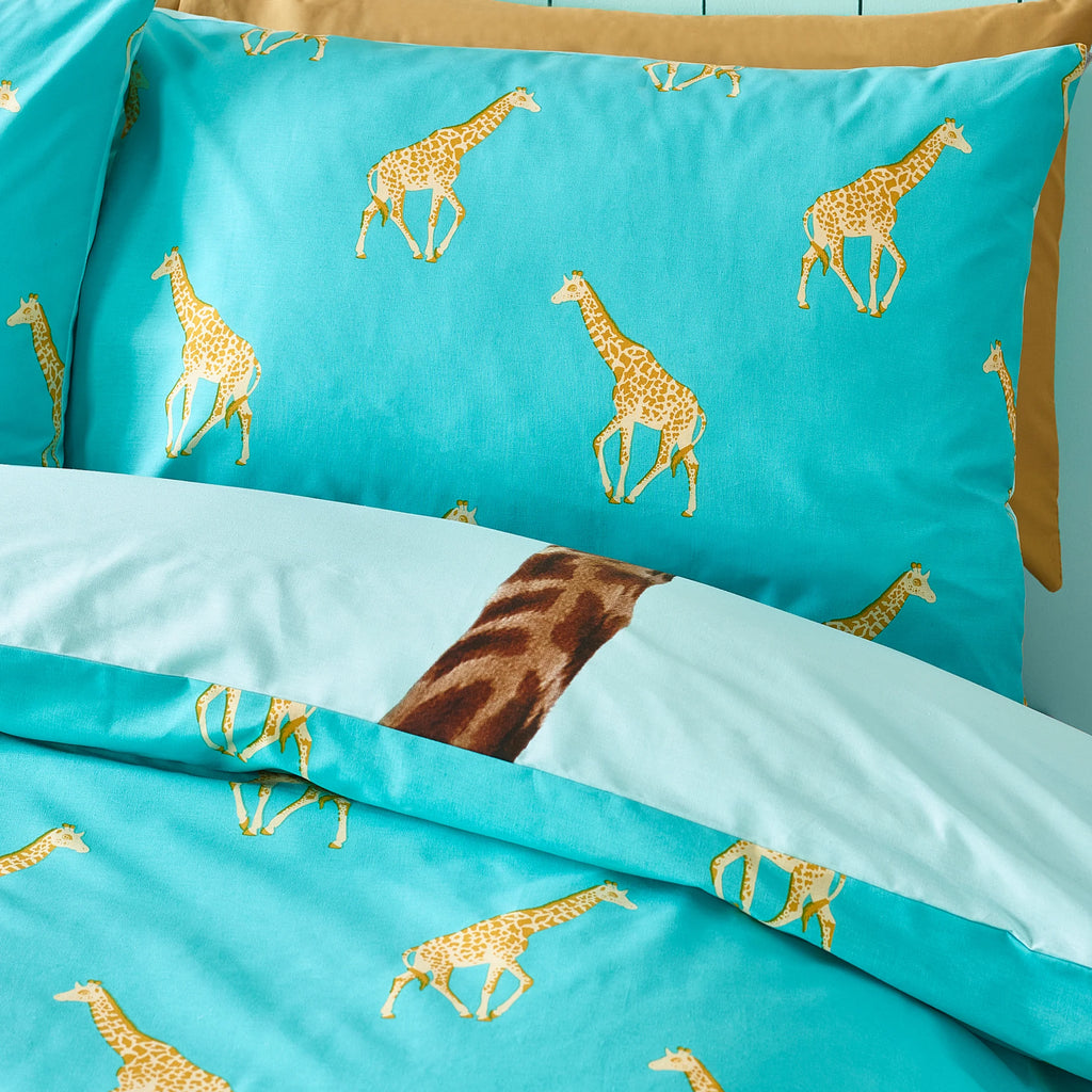 Havin A Giraffe Reversible Duvet Cover Set in Aqua Blue by Catherine Lansfield Kids