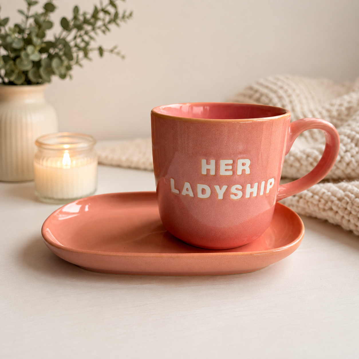 Pink Her Ladyship ceramic mug with matching elongated oval biscuit and snack tray