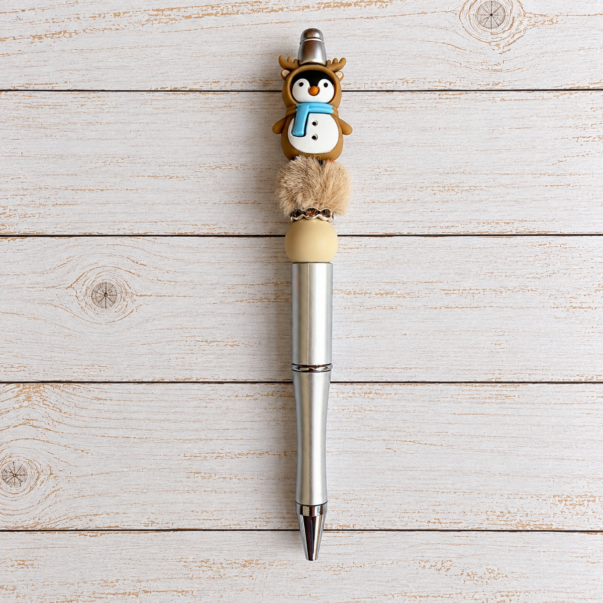 Penguin Reindeer Novelty Beaded Pen - Silver