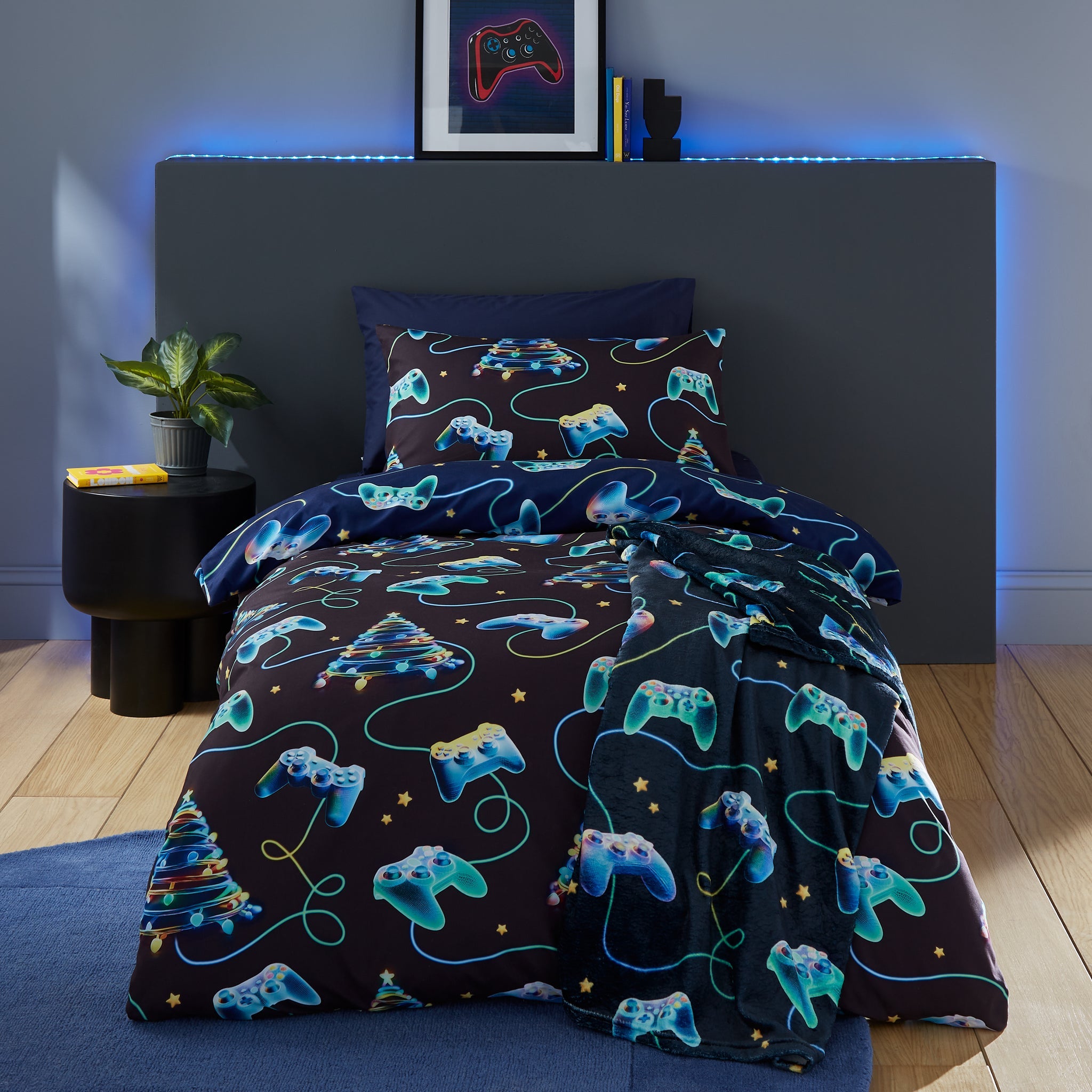 Christmas Gamer So Soft Reversible Duvet Cover Set in Navy Blue by Catherine Lansfield