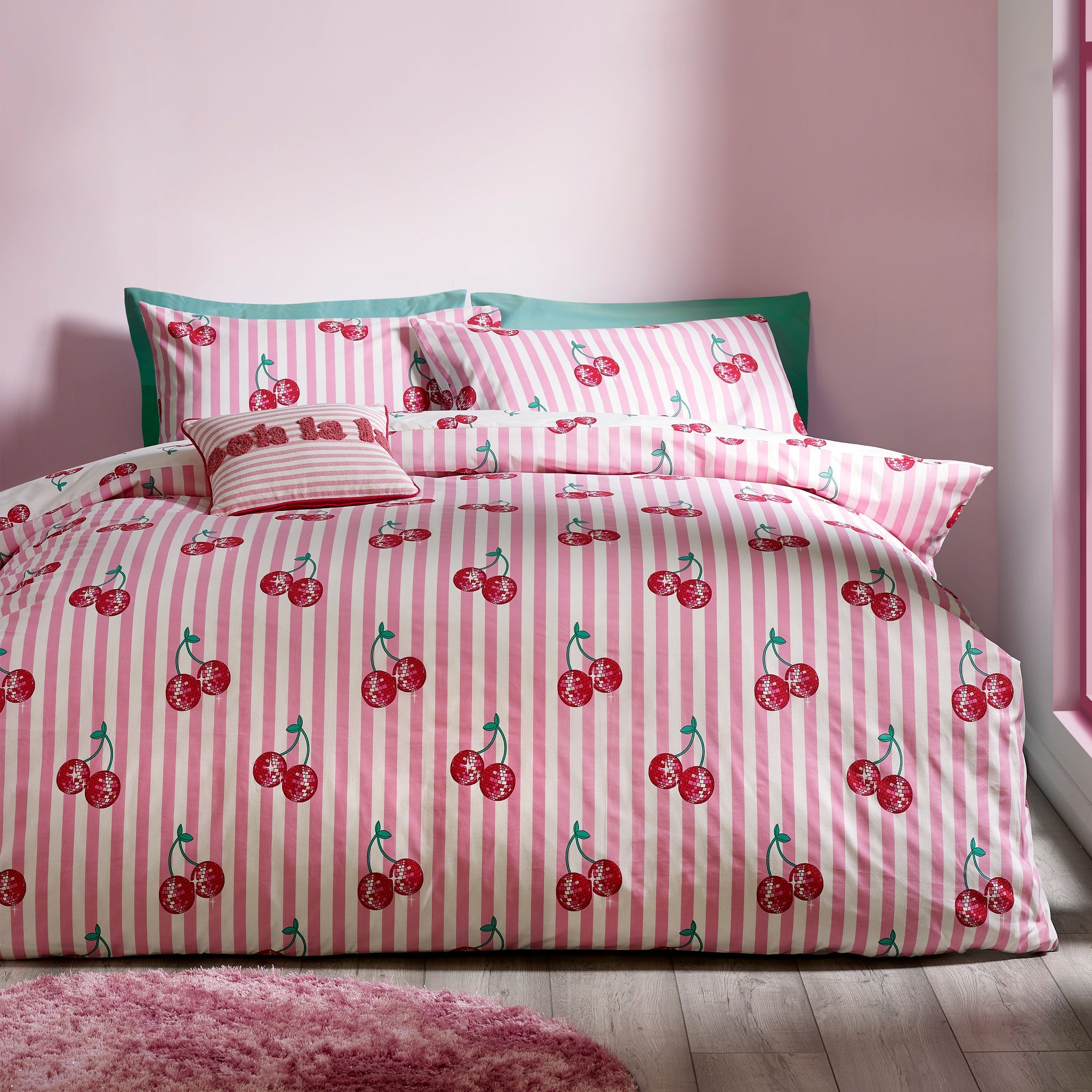 Pink Disco Cherries Stripes Reversible Duvet Cover Set by Catherine Lansfield
