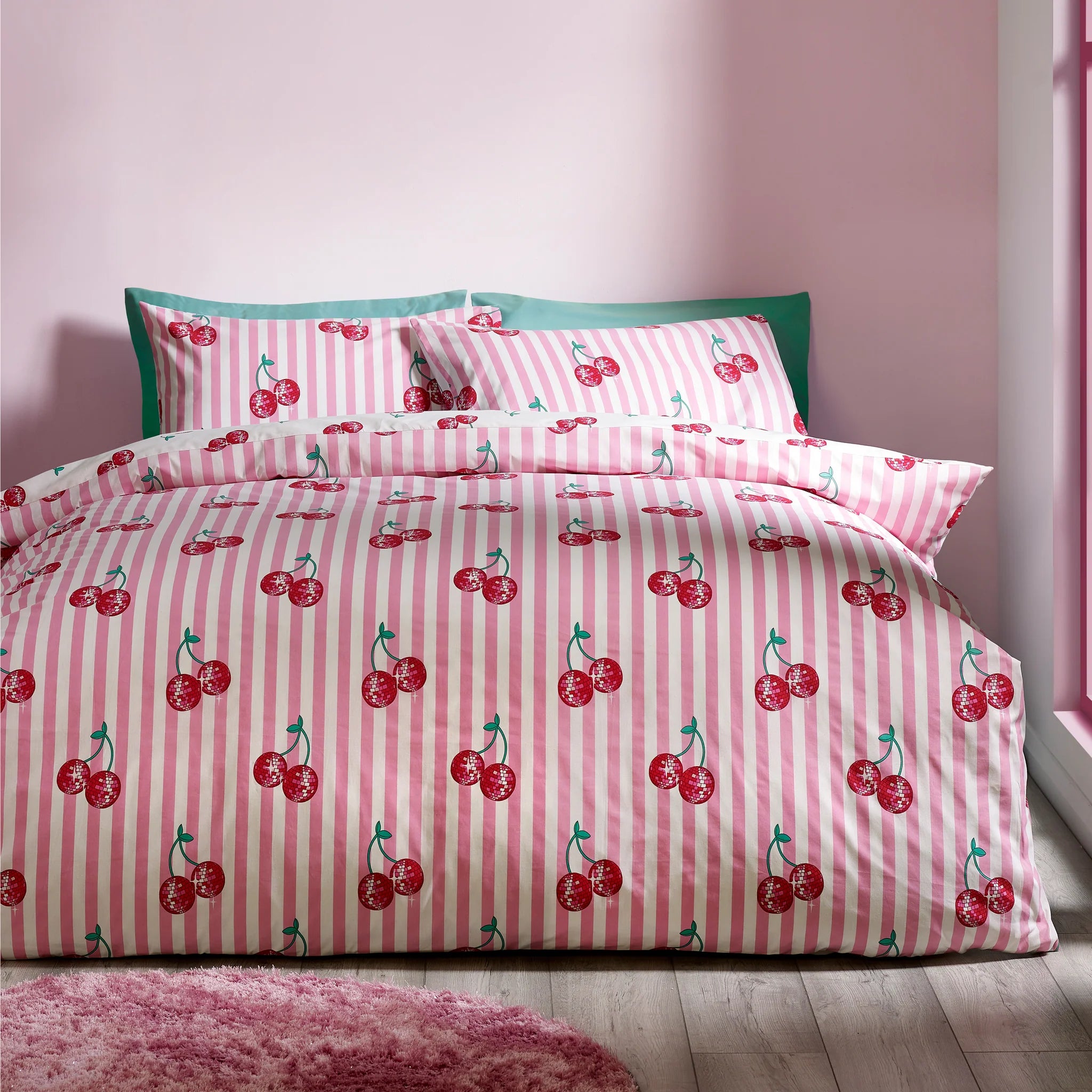 Pink Disco Cherries Stripes Reversible Duvet Cover Set by Catherine Lansfield