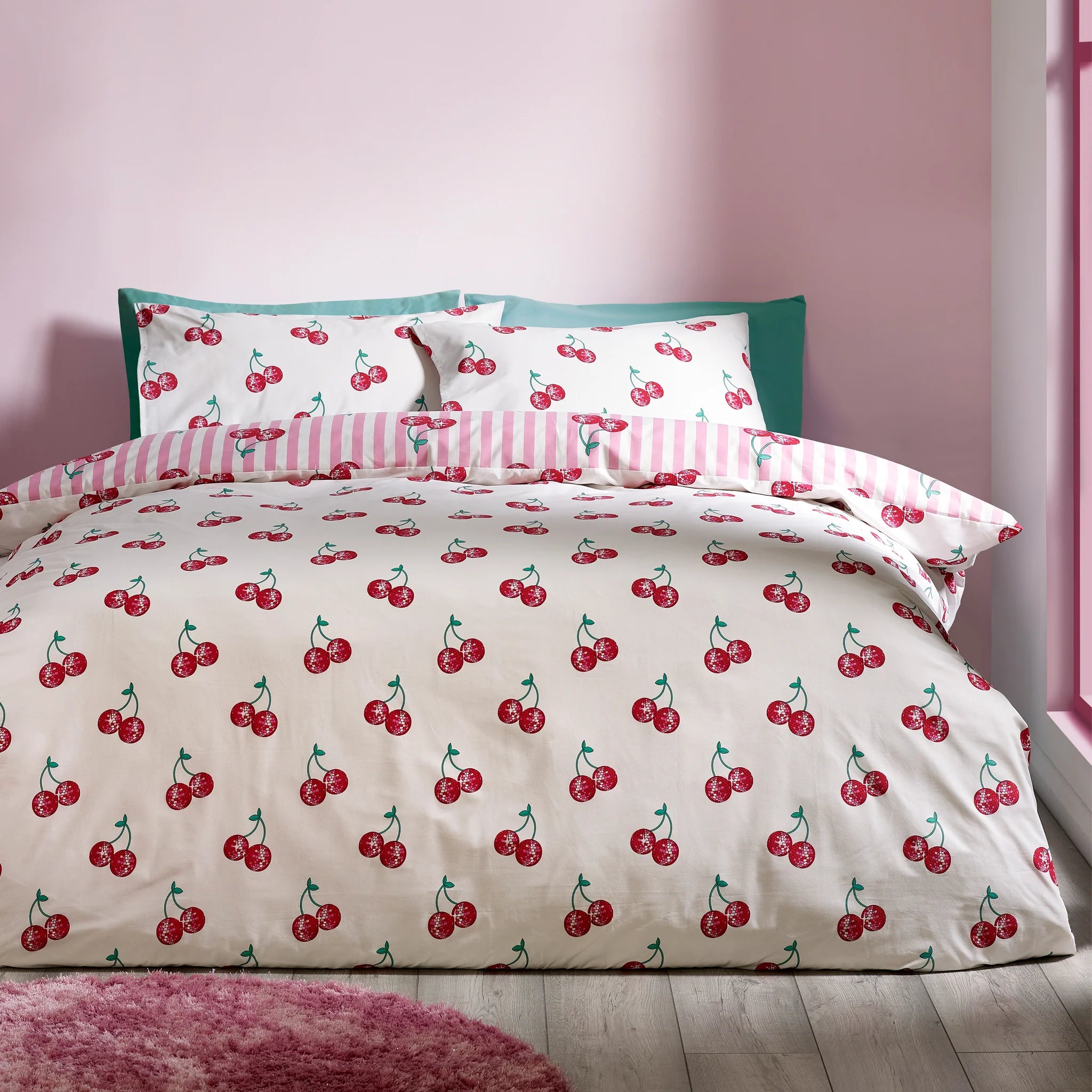Pink Disco Cherries Stripes Reversible Duvet Cover Set by Catherine Lansfield