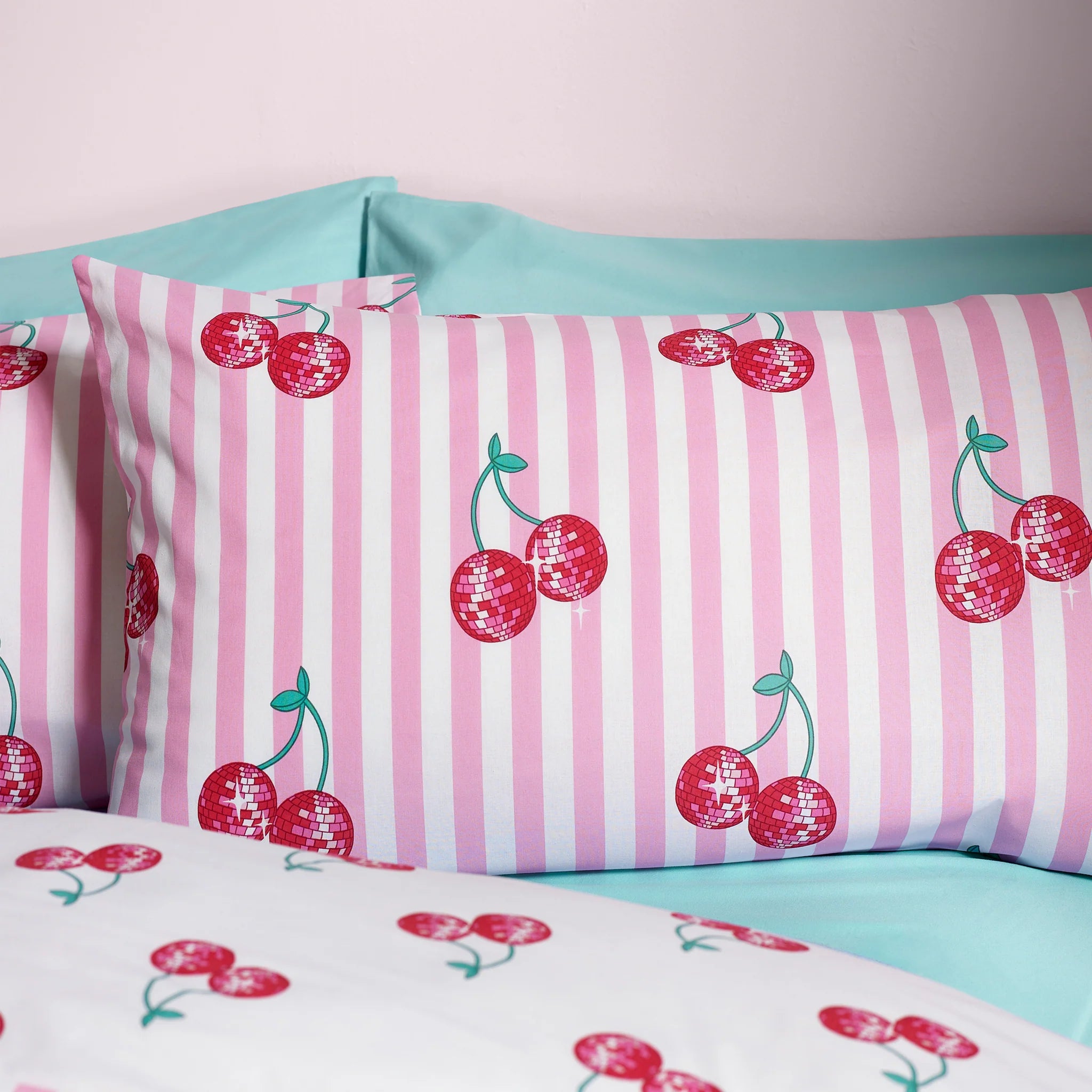 Pink Disco Cherries Stripes Reversible Duvet Cover Set by Catherine Lansfield