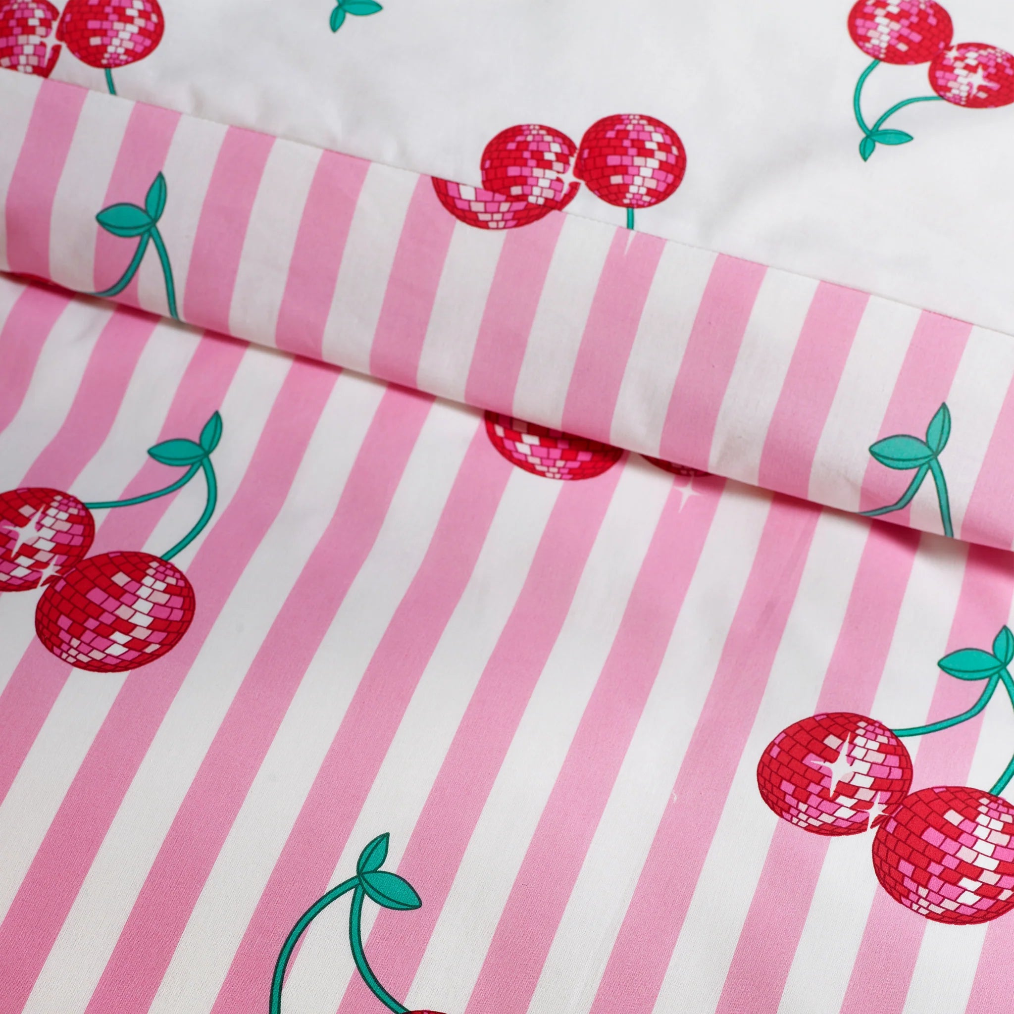 Pink Disco Cherries Stripes Reversible Duvet Cover Set by Catherine Lansfield