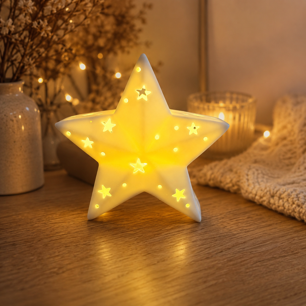 Ceramic LED Star Decoration – Warm White Light Up Christmas Ornament