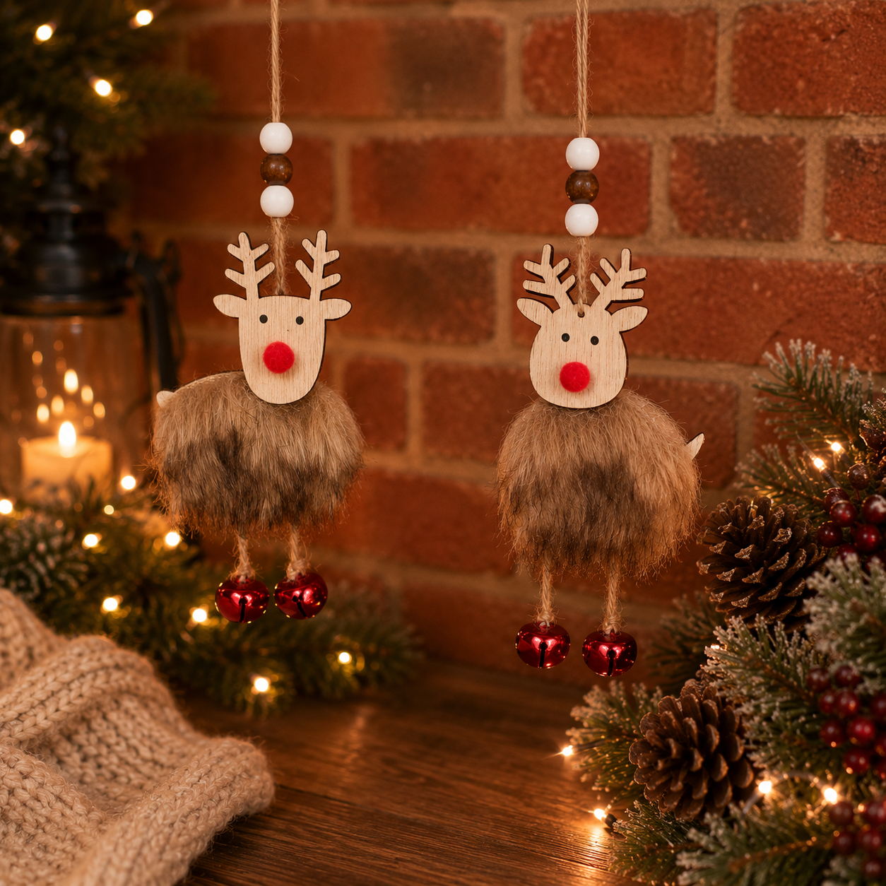 Pair of Hanging Wooden Reindeer Decorations with Faux Fur & Bell Feet