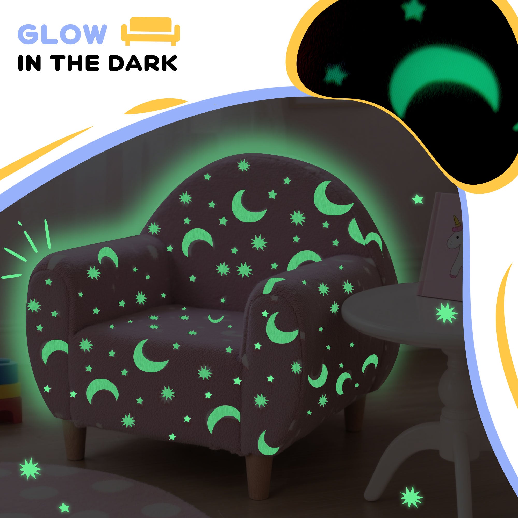 Kids Armchair, Glow in the Dark Chair with Star Design - Pink