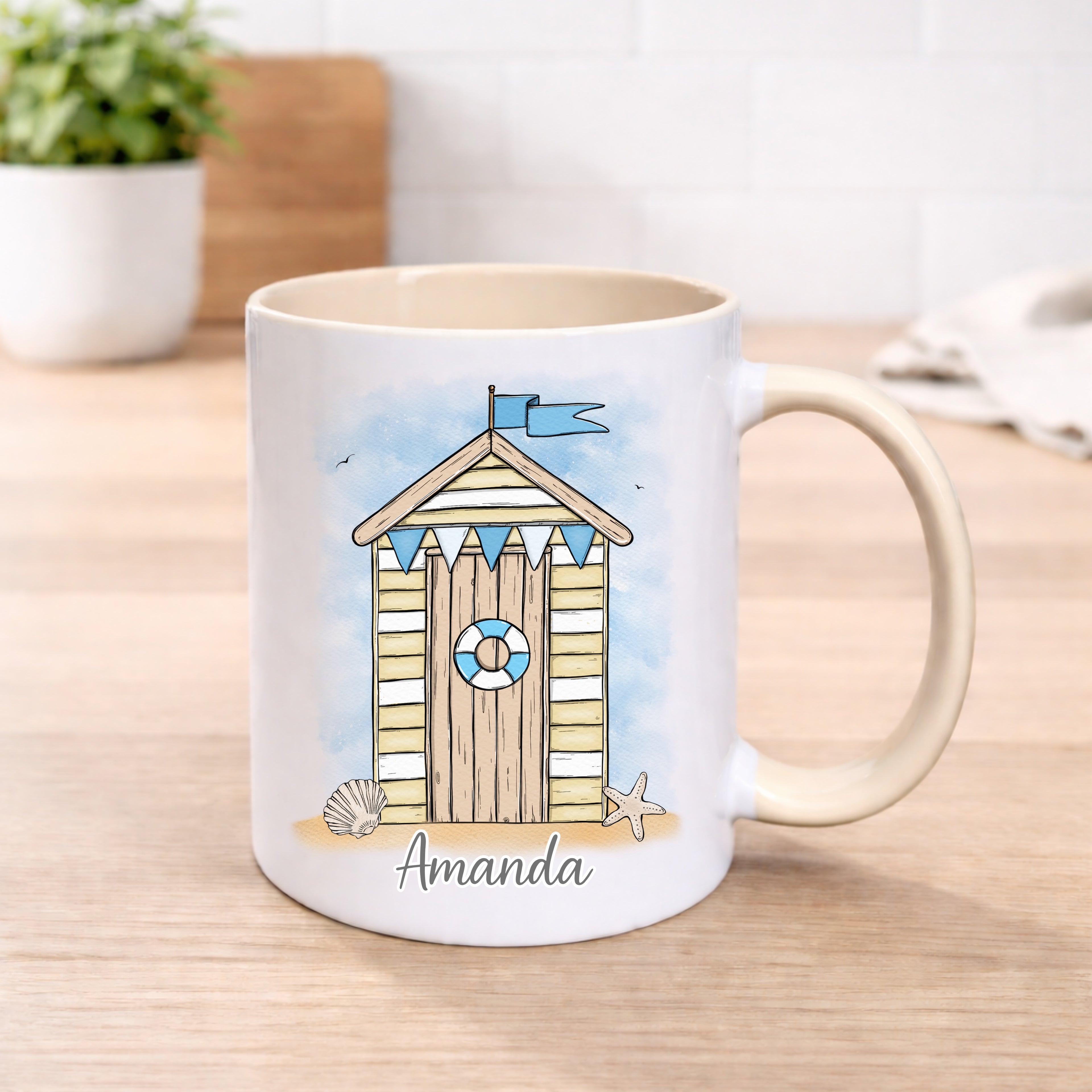 Personalised Beach Hut Mug – Custom Name Coastal Design - 4 Colour Options