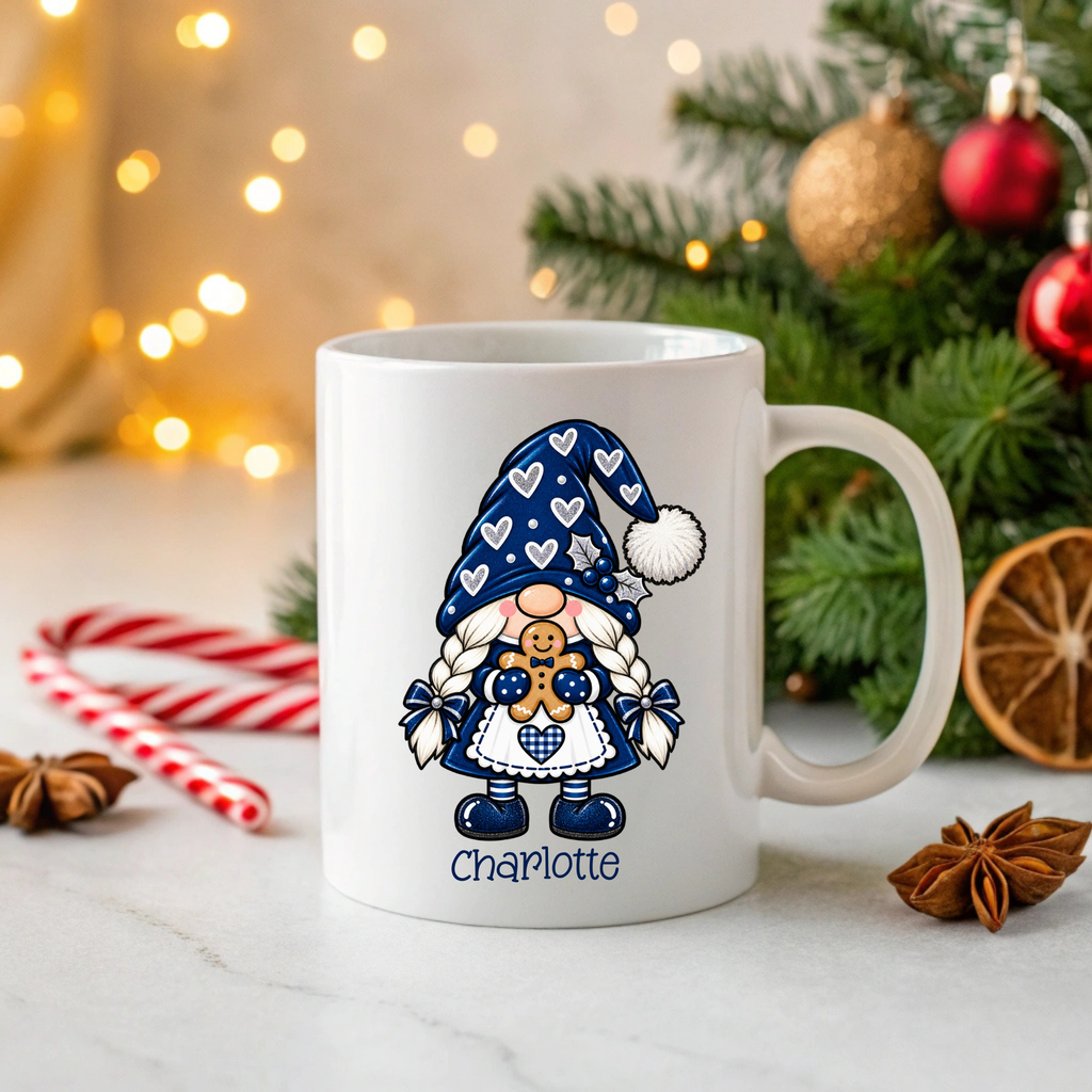 Personalised adult female Christmas Gonk mug with gingerbread character and custom name