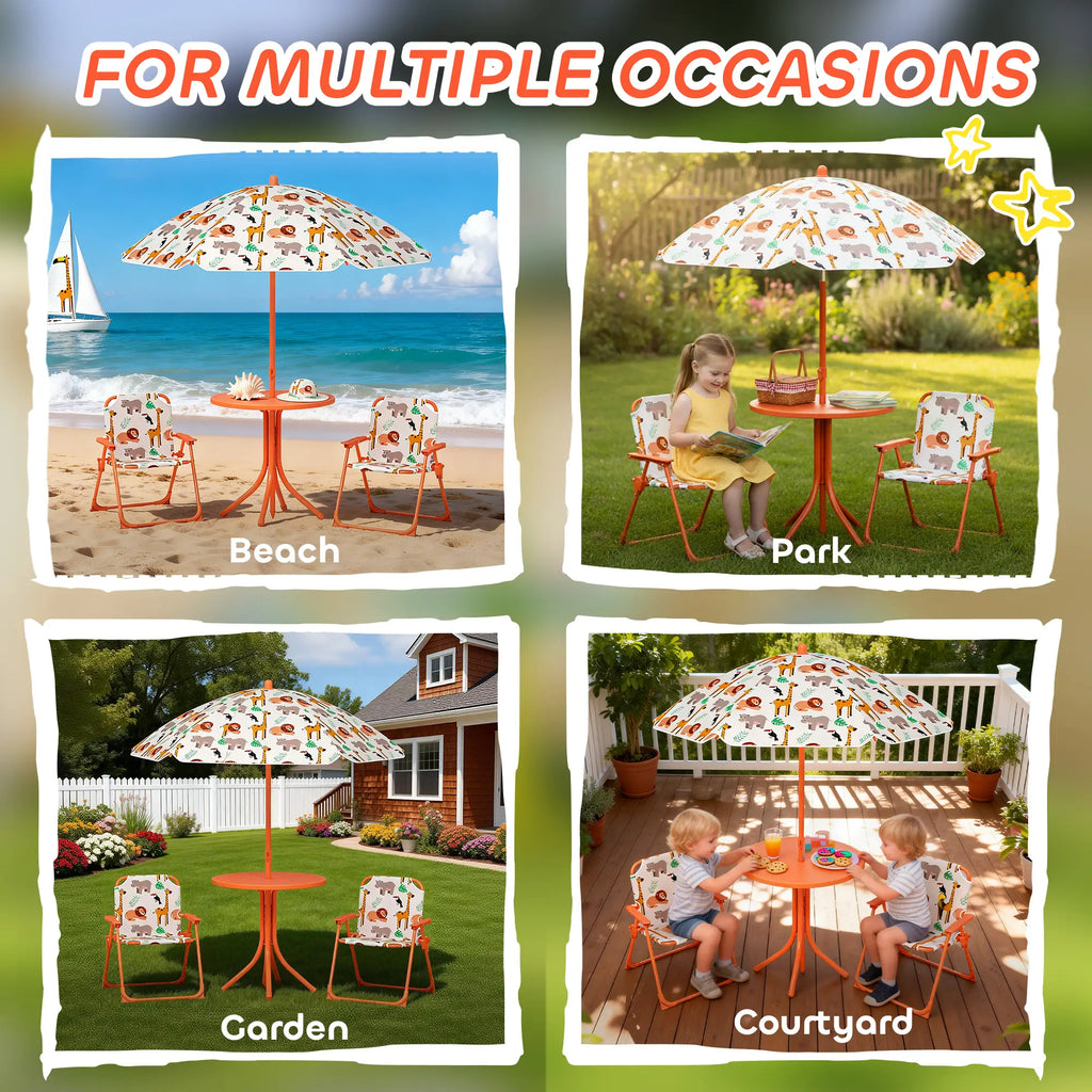 Kids Patio Set, Children Table and Chair Set, Outdoor Picnic Table with 2 Folding Chairs and Umbrella, Orange